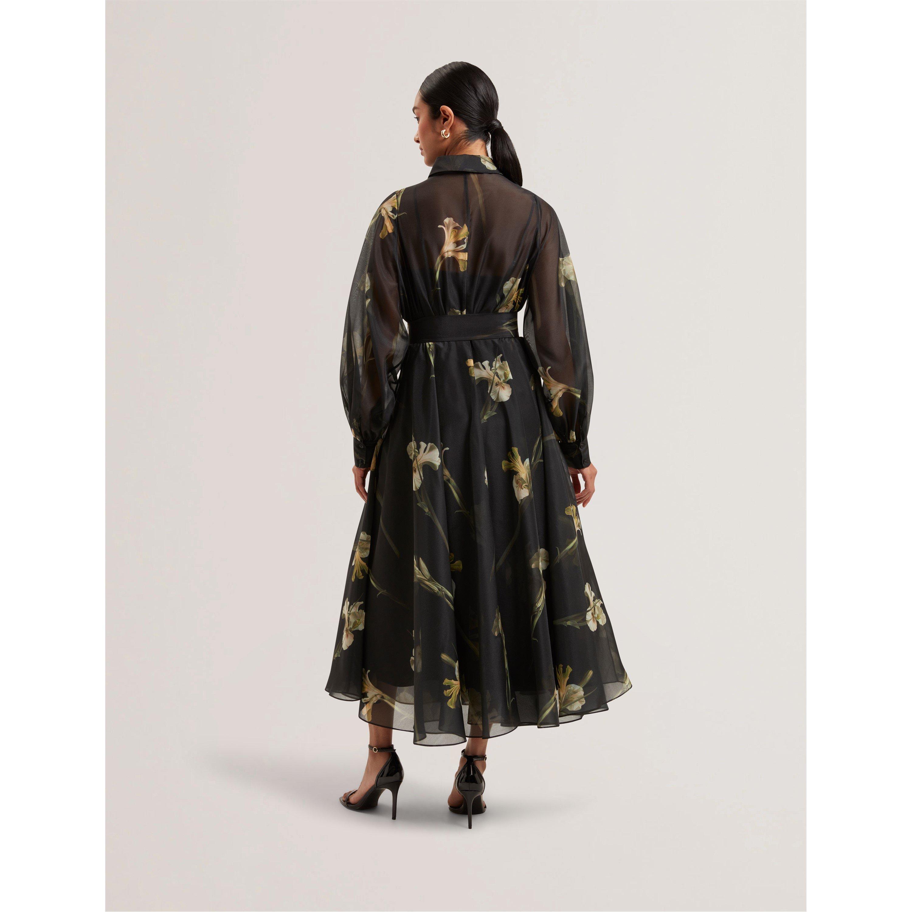 zwart - Ted Baker - Women's Liorral Printed Organza Belted Maxi Shirt Dress - 2