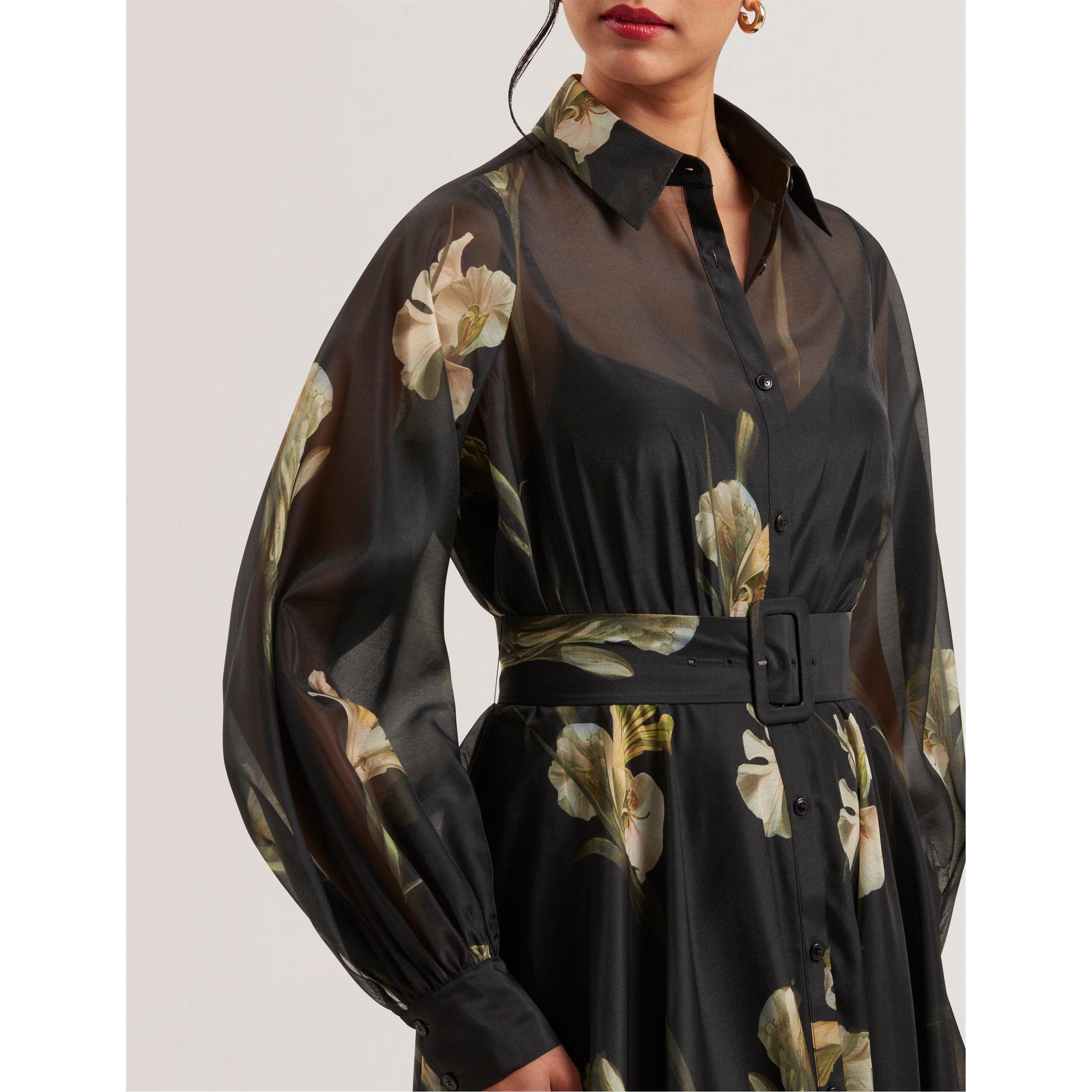 zwart - Ted Baker - Women's Liorral Printed Organza Belted Maxi Shirt Dress - 3