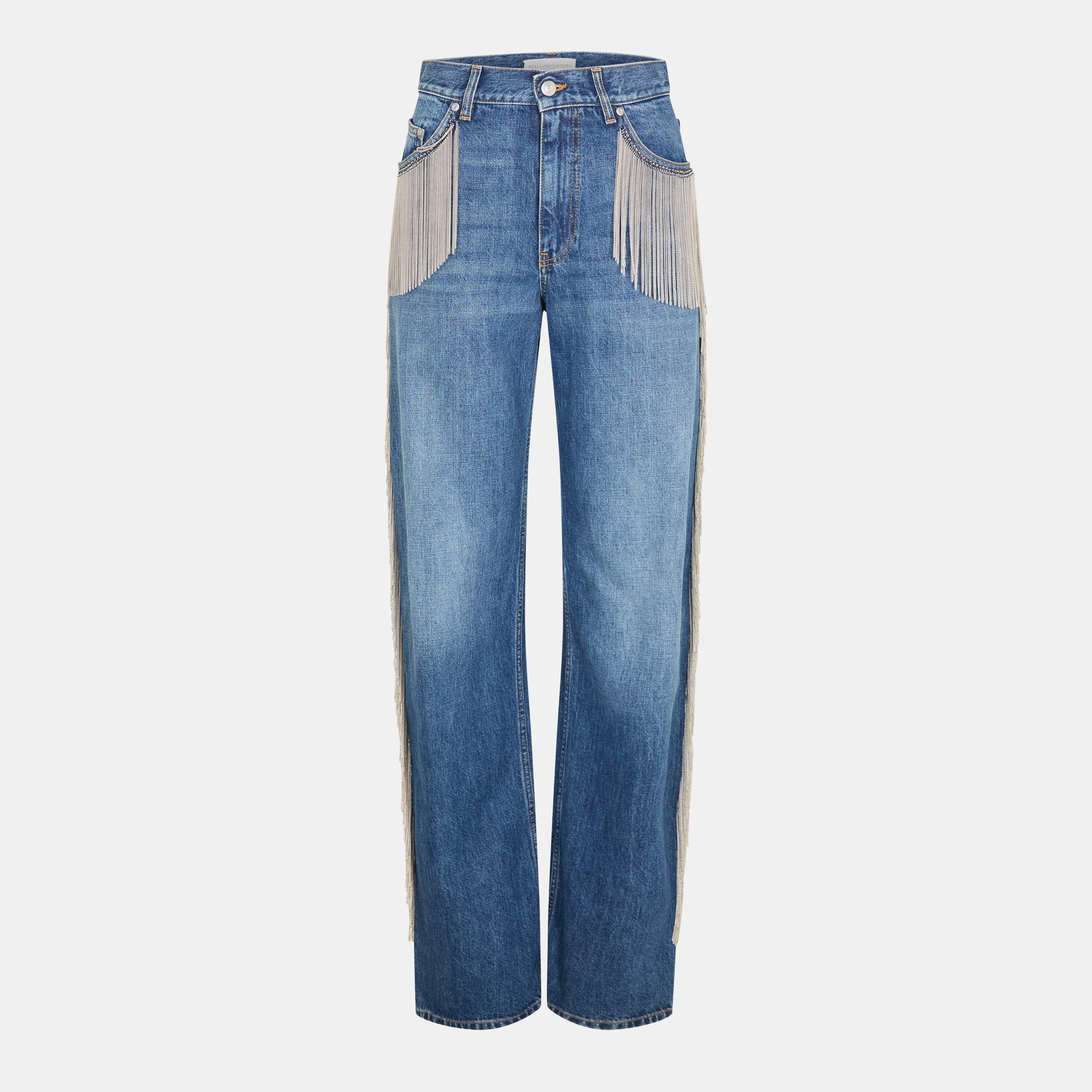 Dark Blue - Stella McCartney - Women's High Waisted Edge Detail Wide Leg Jeans - 1