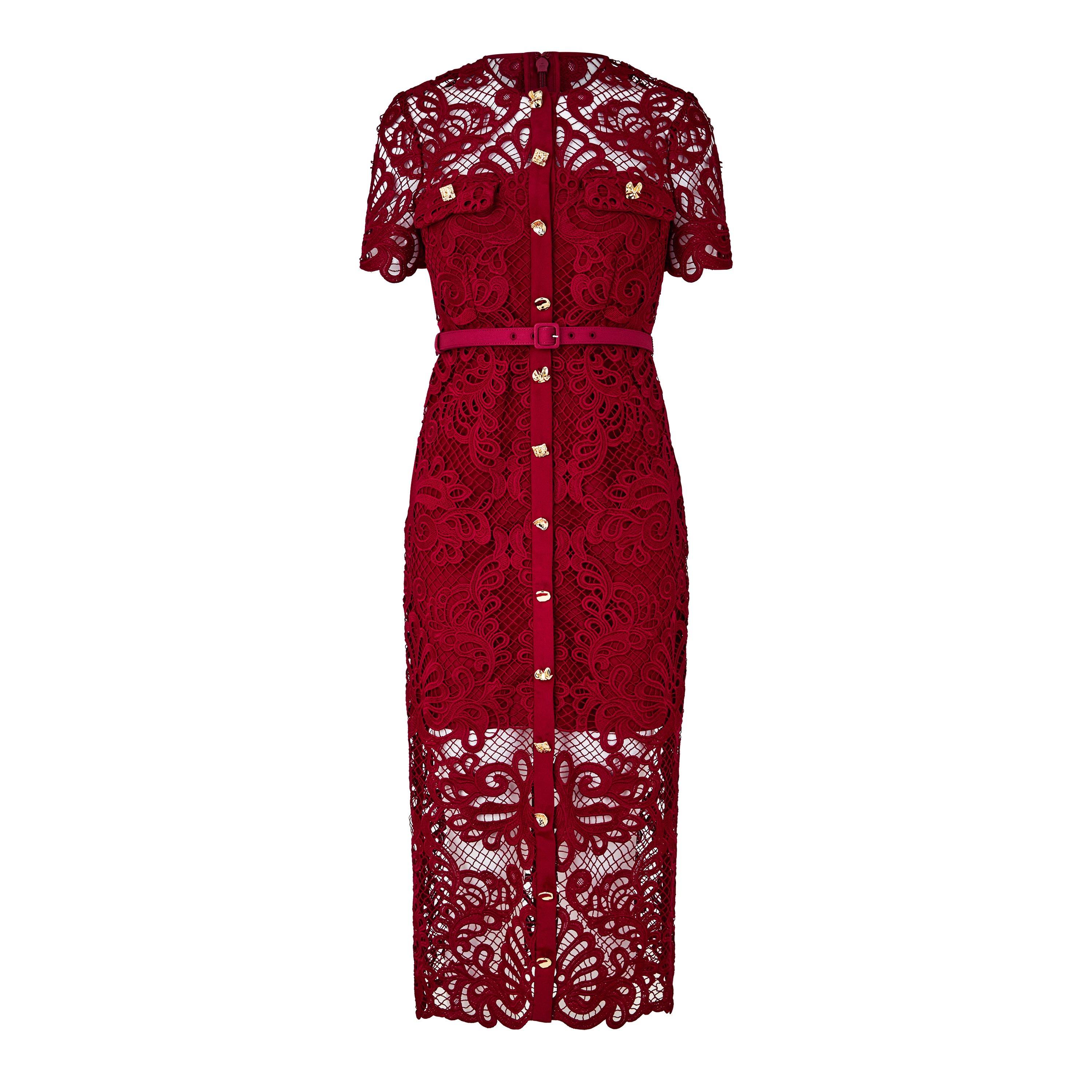 Red - Self Portrait - Guipure Lace Button Midi Dress - 5