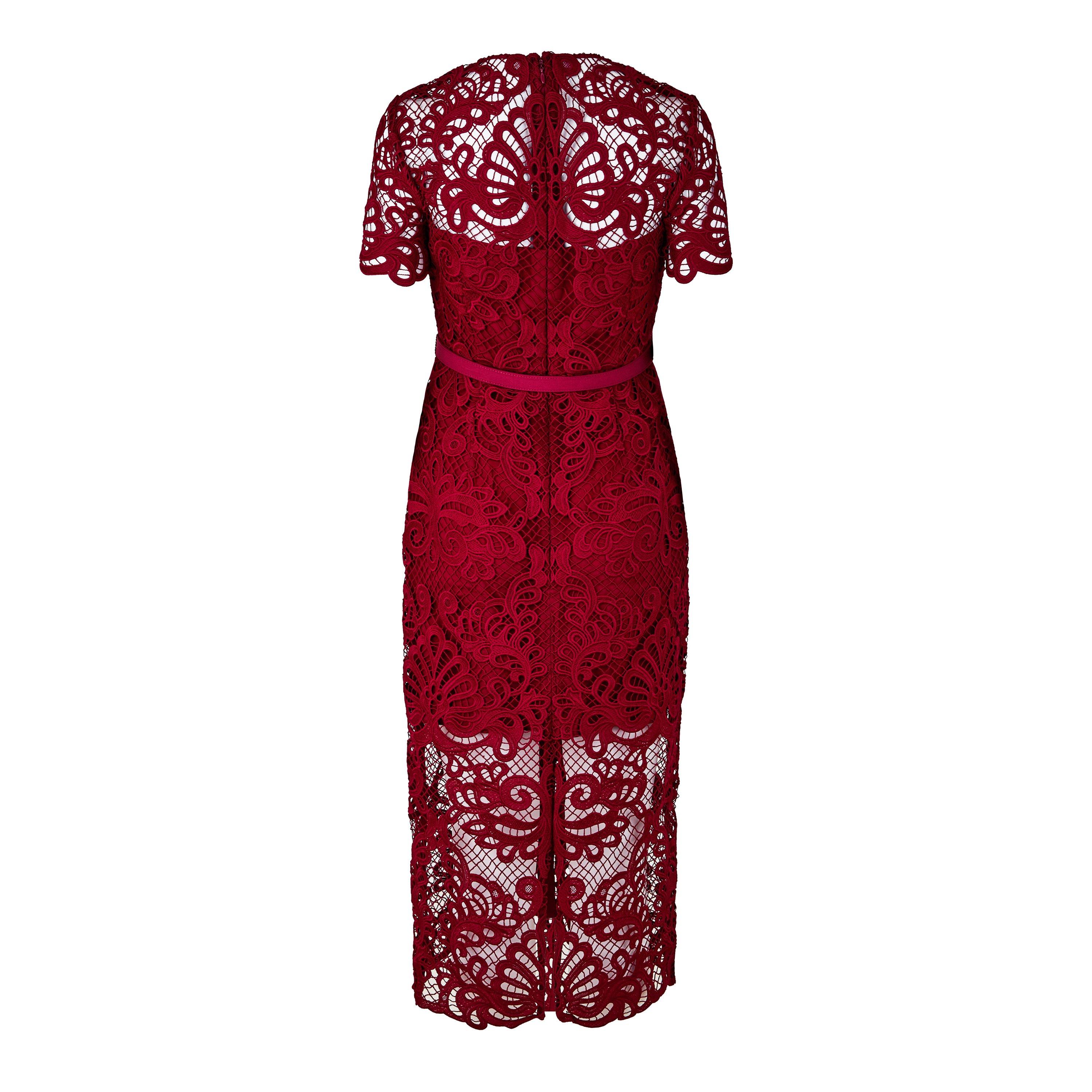 Red - Self Portrait - Guipure Lace Button Midi Dress - 6