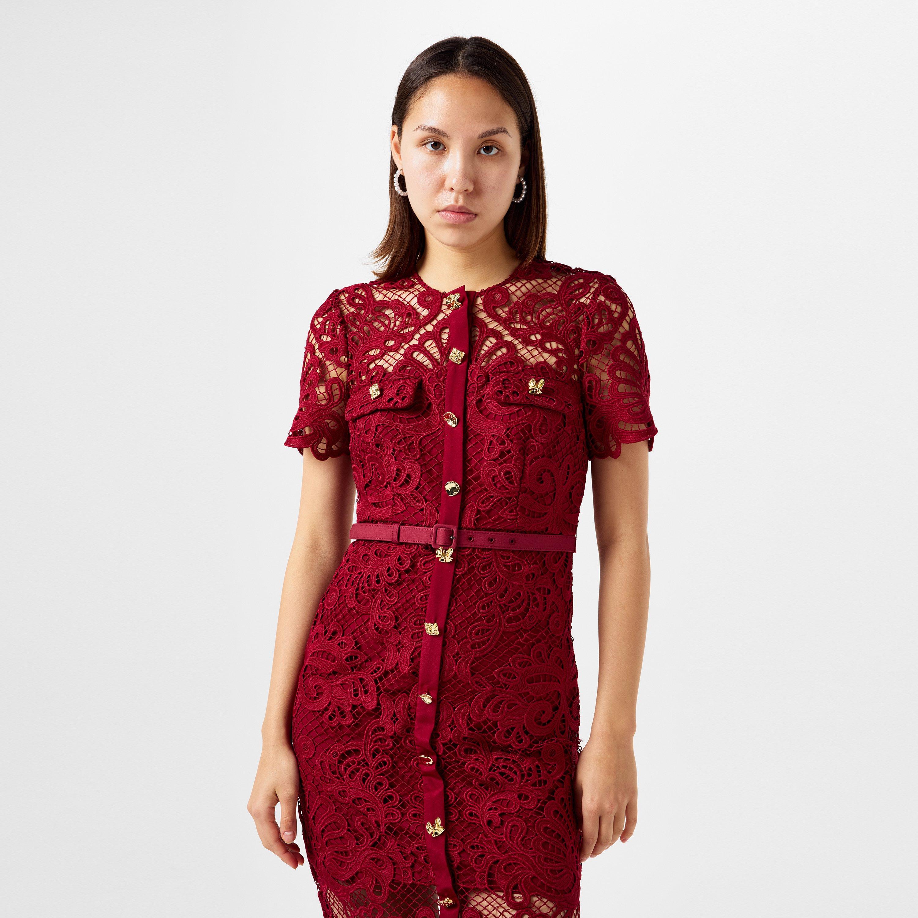 Red - Self Portrait - Guipure Lace Button Midi Dress - 4
