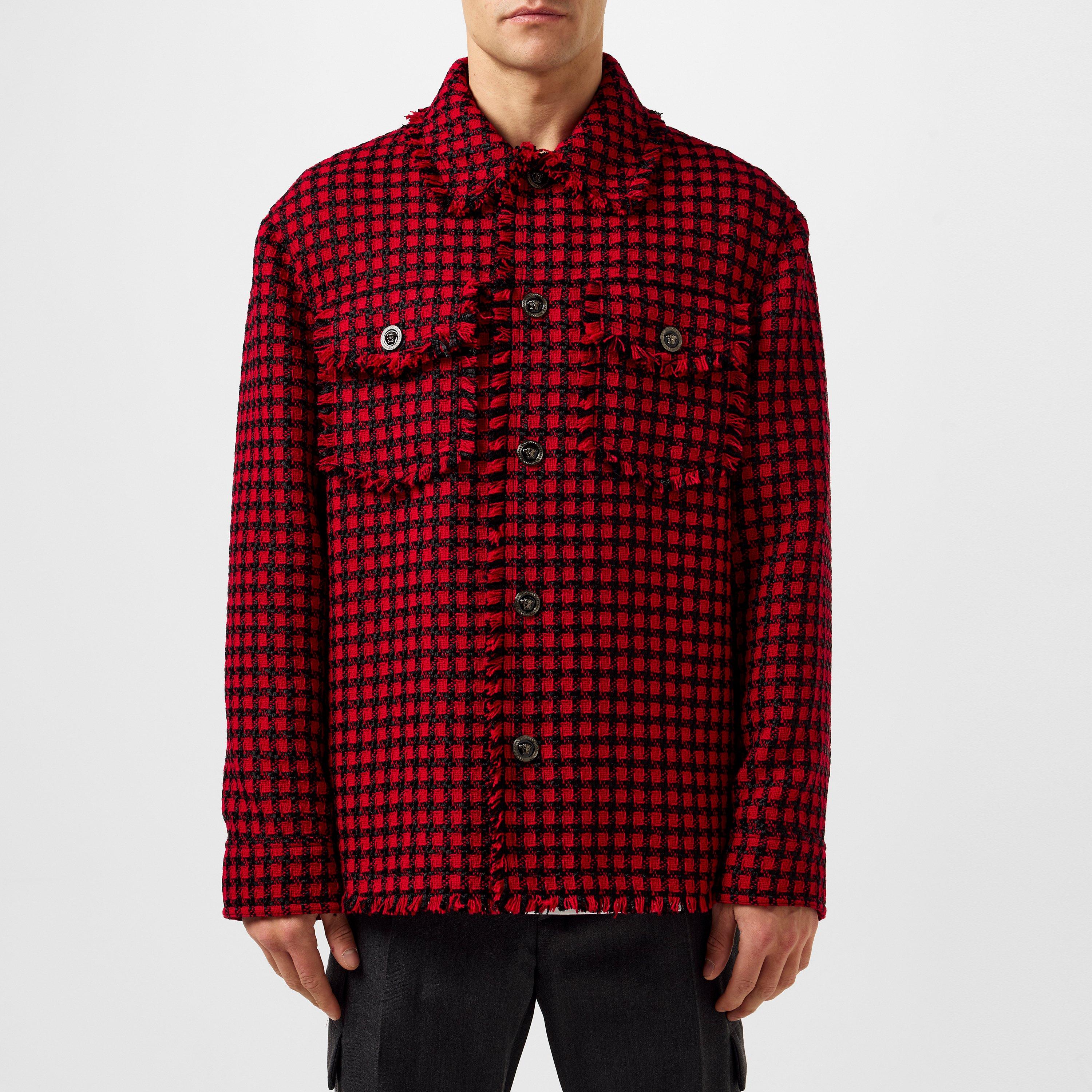 Lipstick Red - Versace - Men's Tweed Overshirt Wool Long Sleeve Button Overcoat - 3