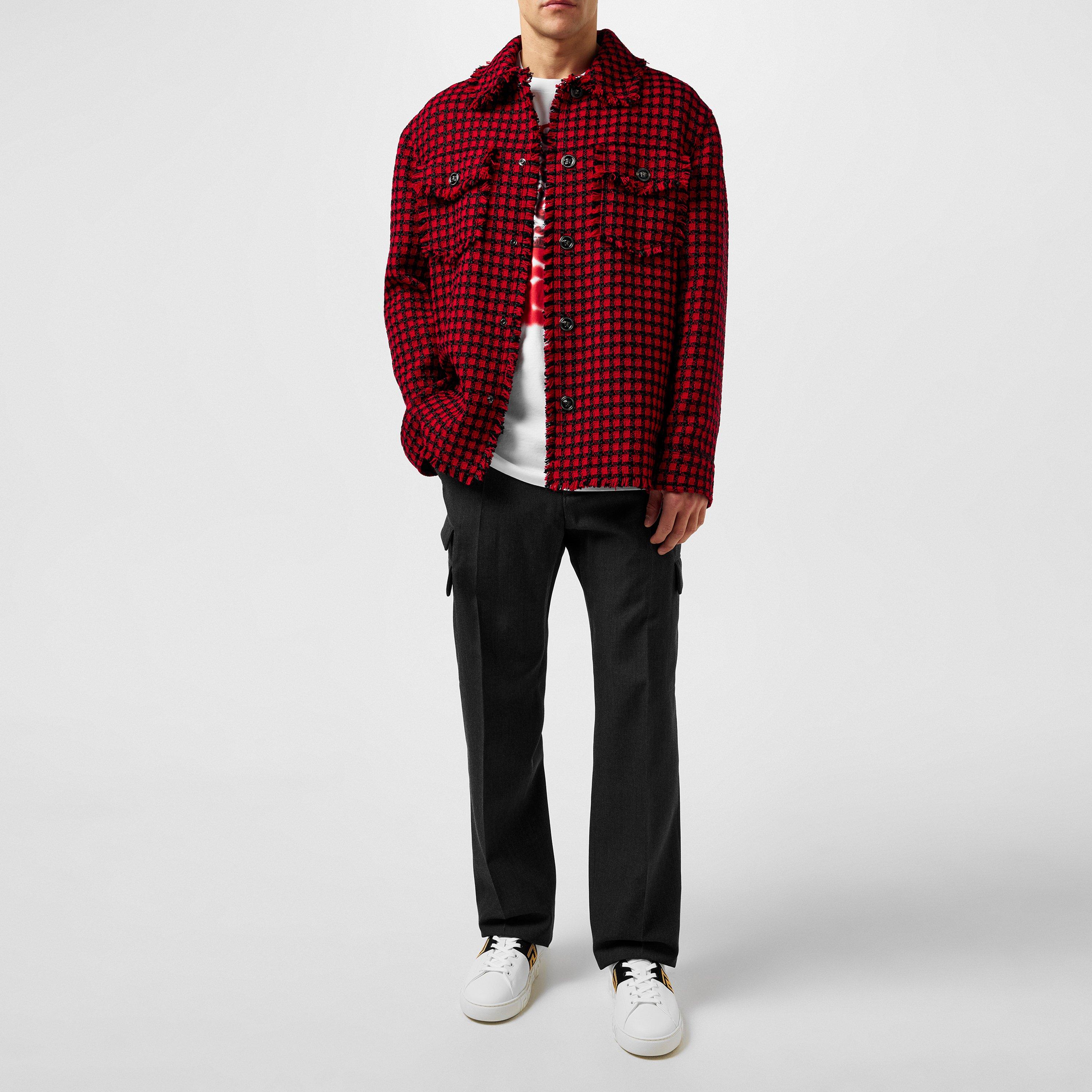 Lipstick Red - Versace - Men's Tweed Overshirt Wool Long Sleeve Button Overcoat - 6