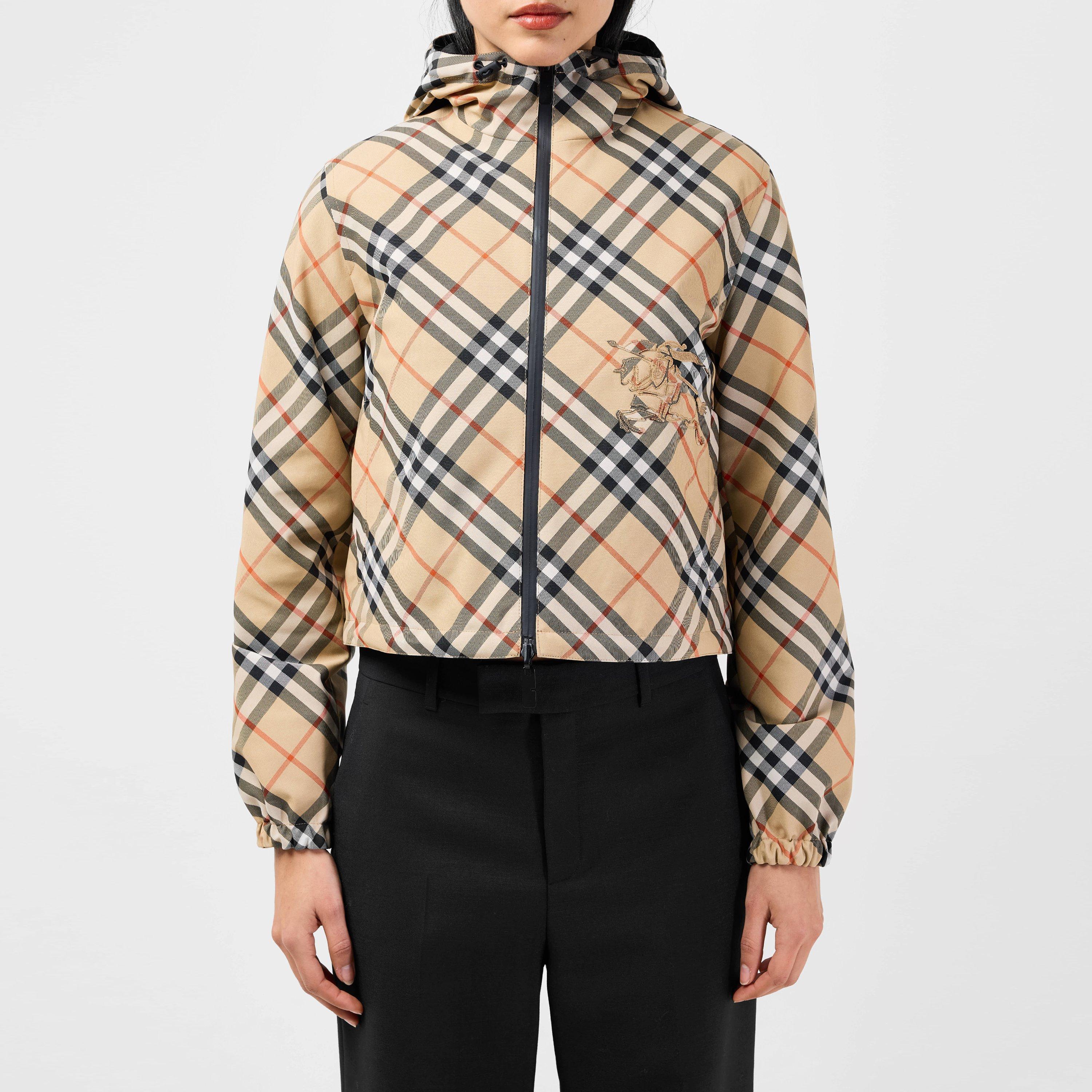 Sand - Burberry - Women's Cropped Check Pattern Reversible Hooded Long Sleeve Windbreaker - 1