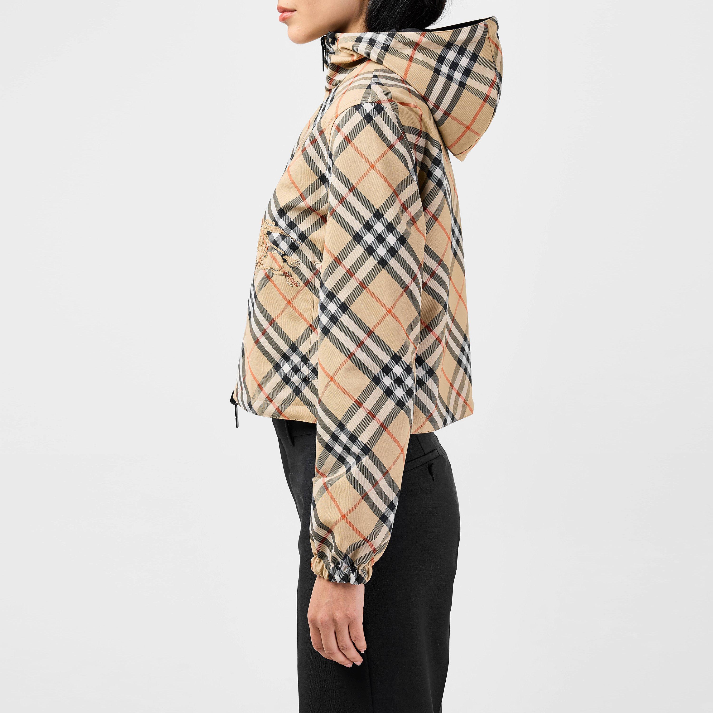 Sand - Burberry - Women's Cropped Check Pattern Reversible Hooded Long Sleeve Windbreaker - 2