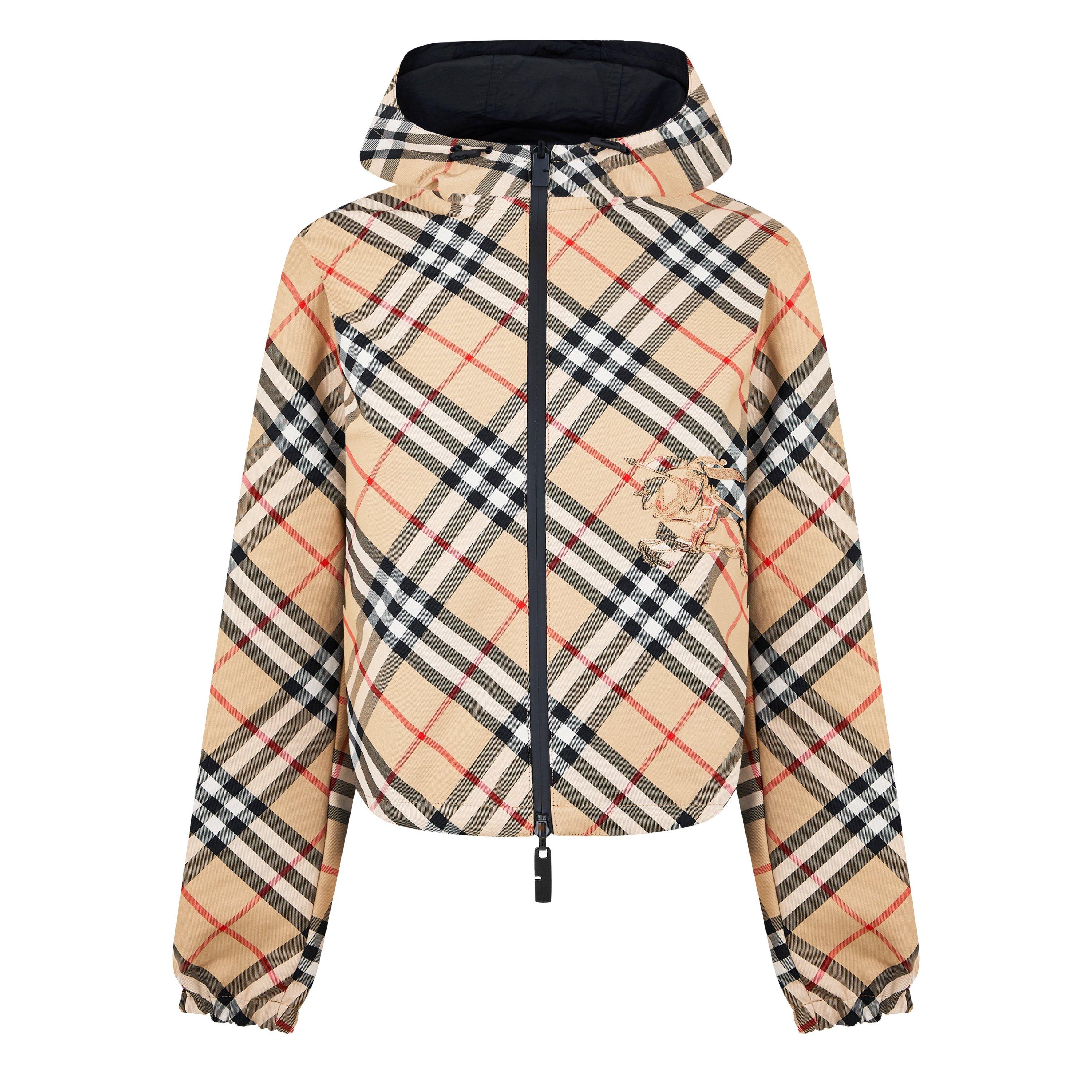 Sand - Burberry - Women's Cropped Check Pattern Reversible Hooded Long Sleeve Windbreaker - 6