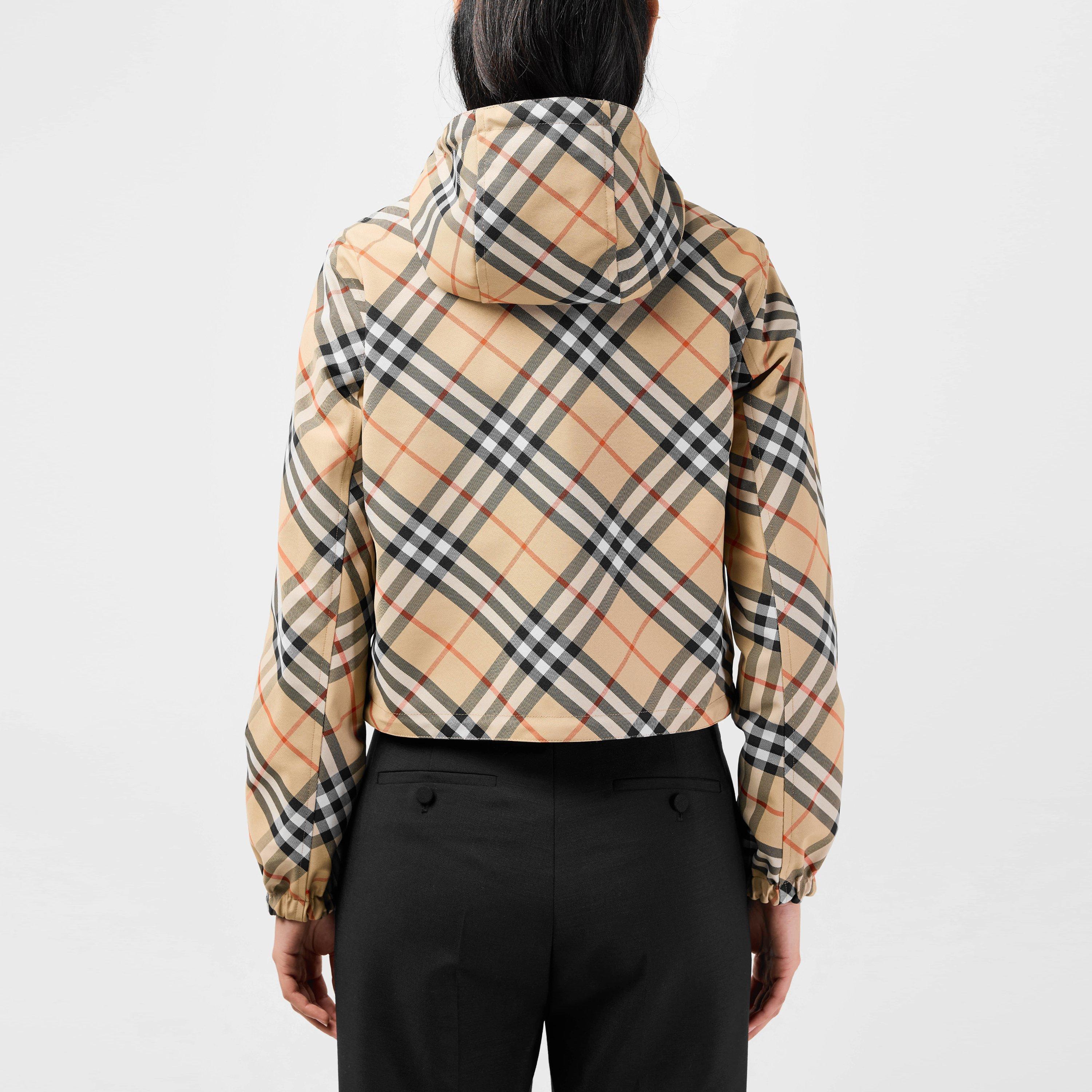 Sand - Burberry - Women's Cropped Check Pattern Reversible Hooded Long Sleeve Windbreaker - 3