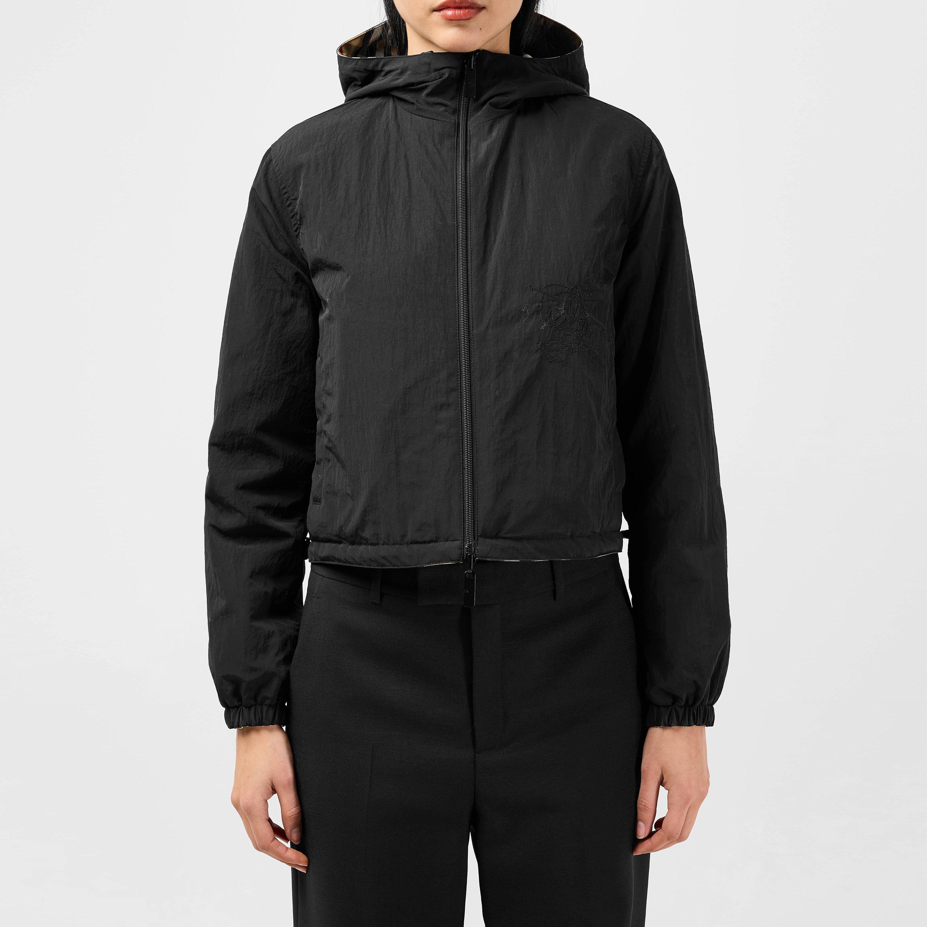 Sand - Burberry - Women's Cropped Check Pattern Reversible Hooded Long Sleeve Windbreaker - 5