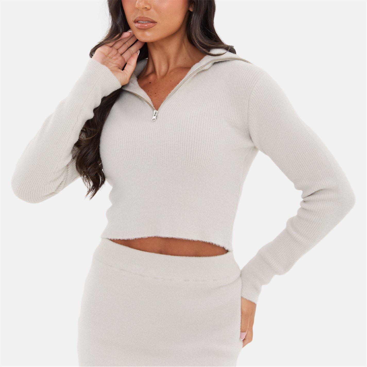Grey - I Saw It First - Knitted Zip Neck Cropped Jumper - 1