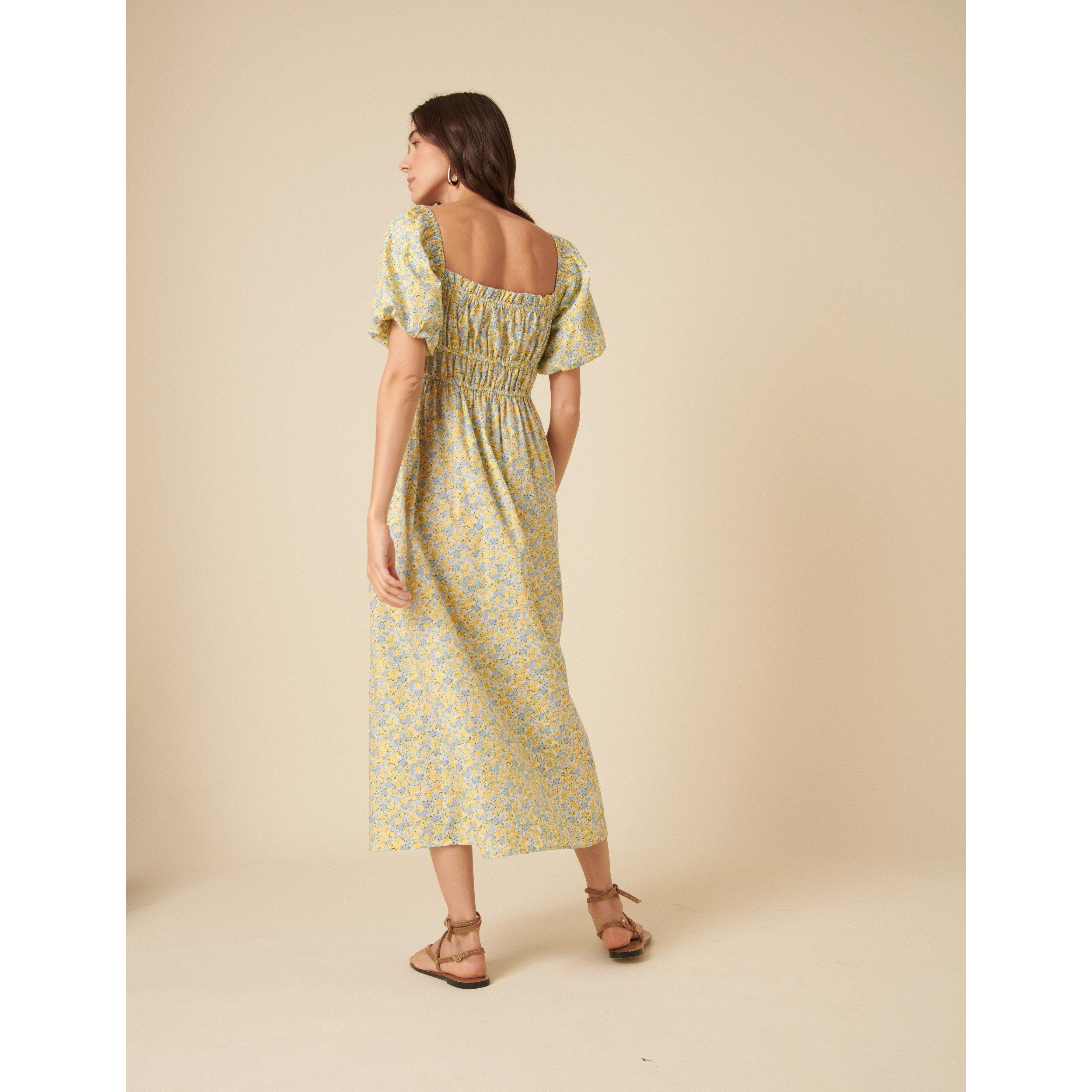 Yellow - Nobodys Child - Women's Ditsy Floral Puff Sleeve Midi Smock Dress - 2