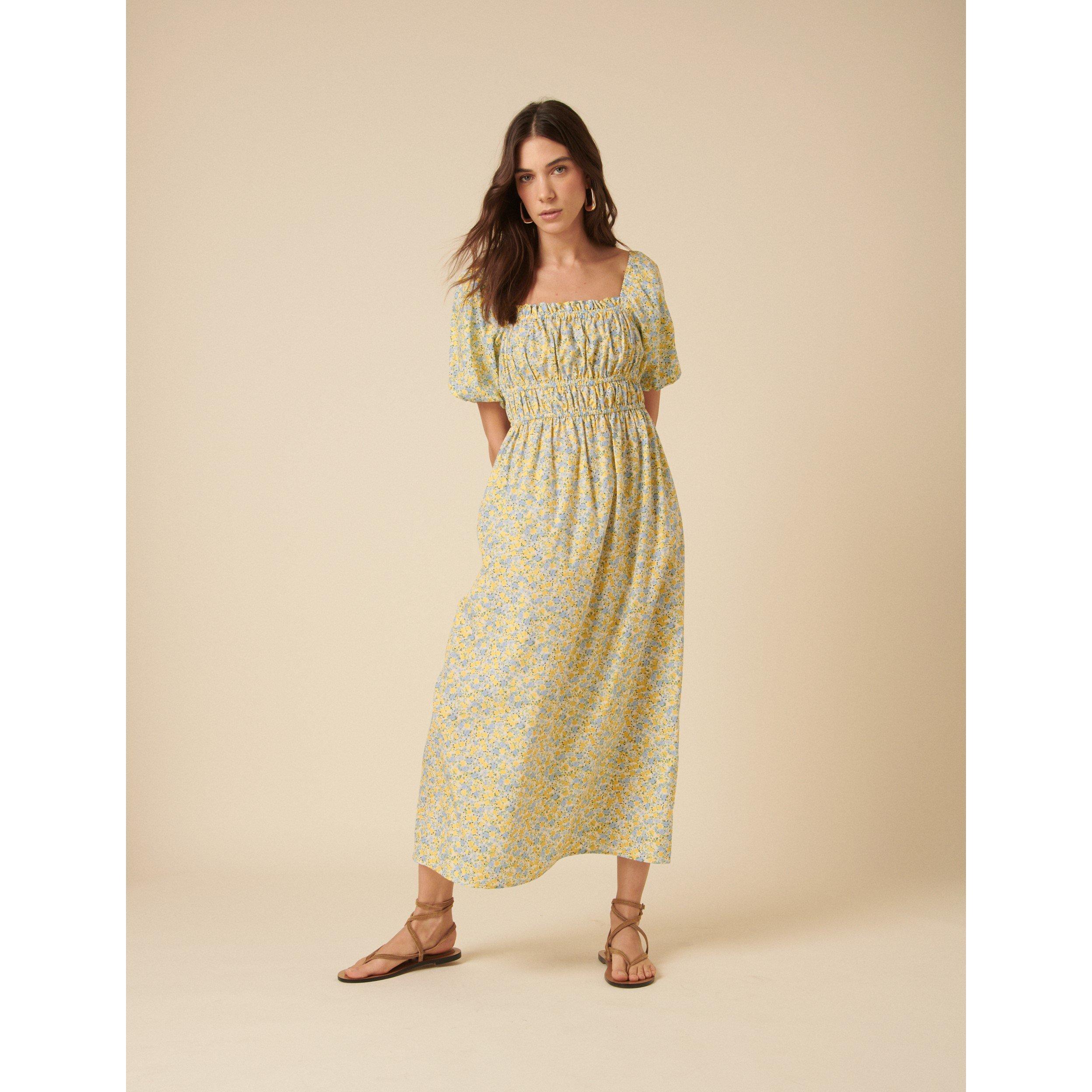 Yellow - Nobodys Child - Women's Ditsy Floral Puff Sleeve Midi Smock Dress - 3