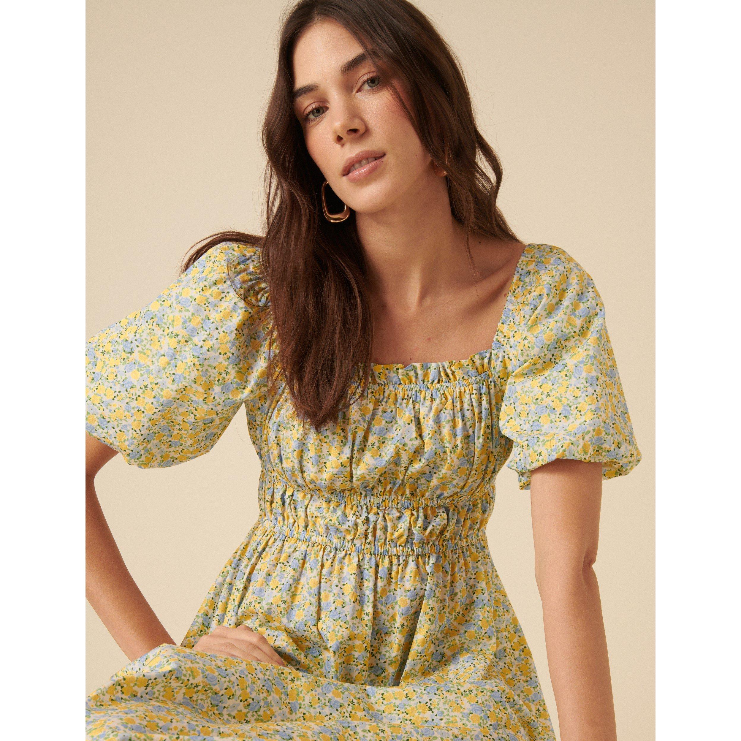 Yellow - Nobodys Child - Women's Ditsy Floral Puff Sleeve Midi Smock Dress - 4