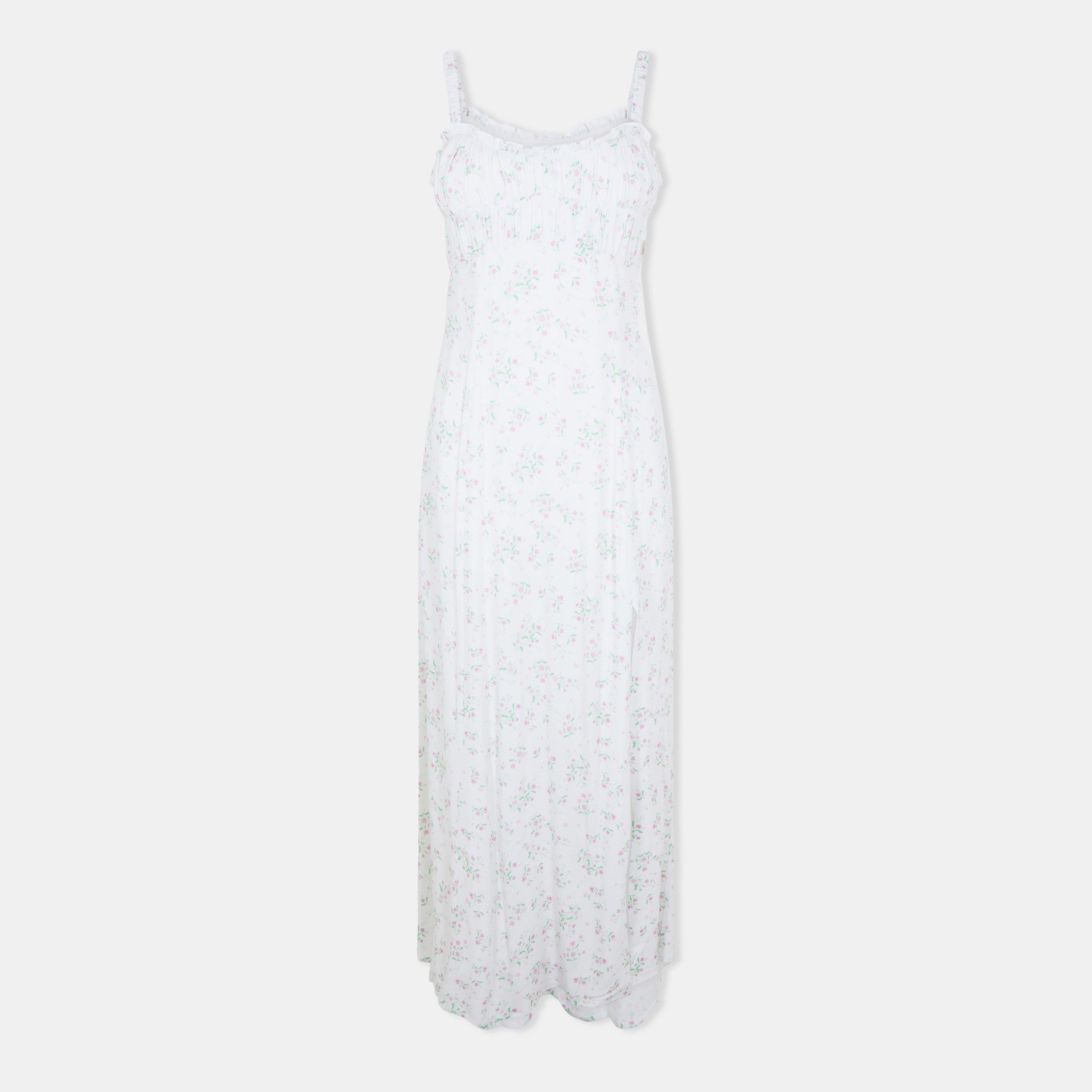 Jack Wills Women's Jw Ruched Midi Slit Tea Dress - White/Pink Dits - 14 (L)
