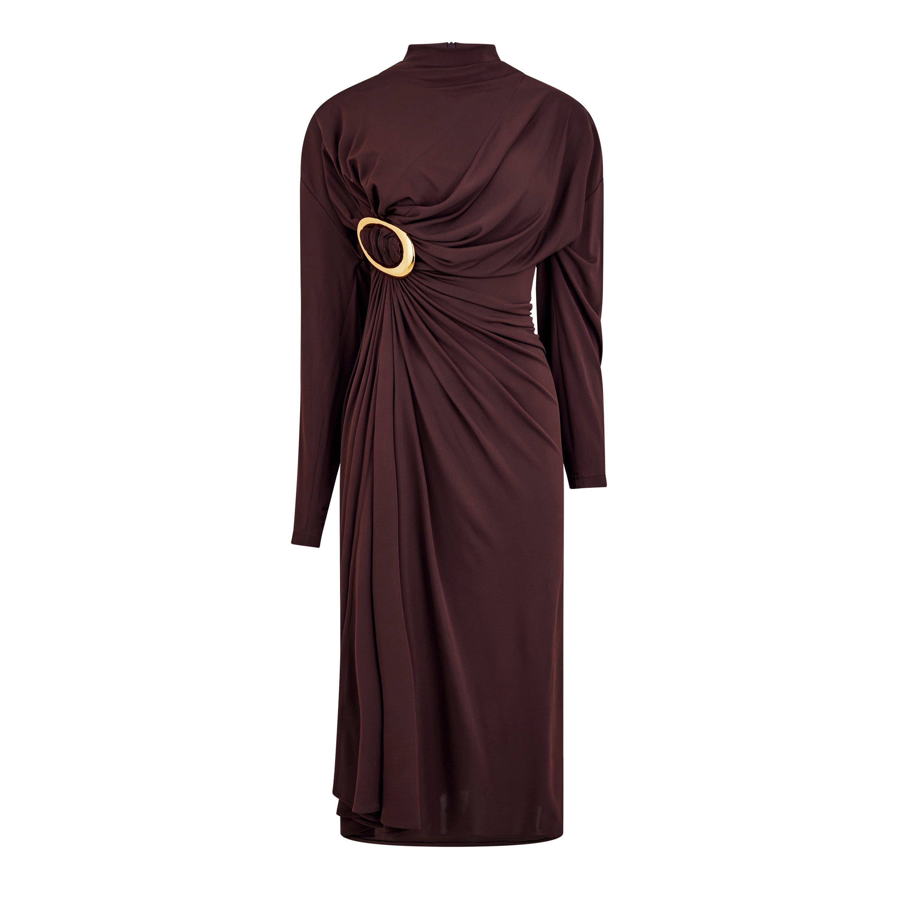 Bottega Veneta Womens Gathered Crepe Midi Dress - Clove - Size 6 (38)