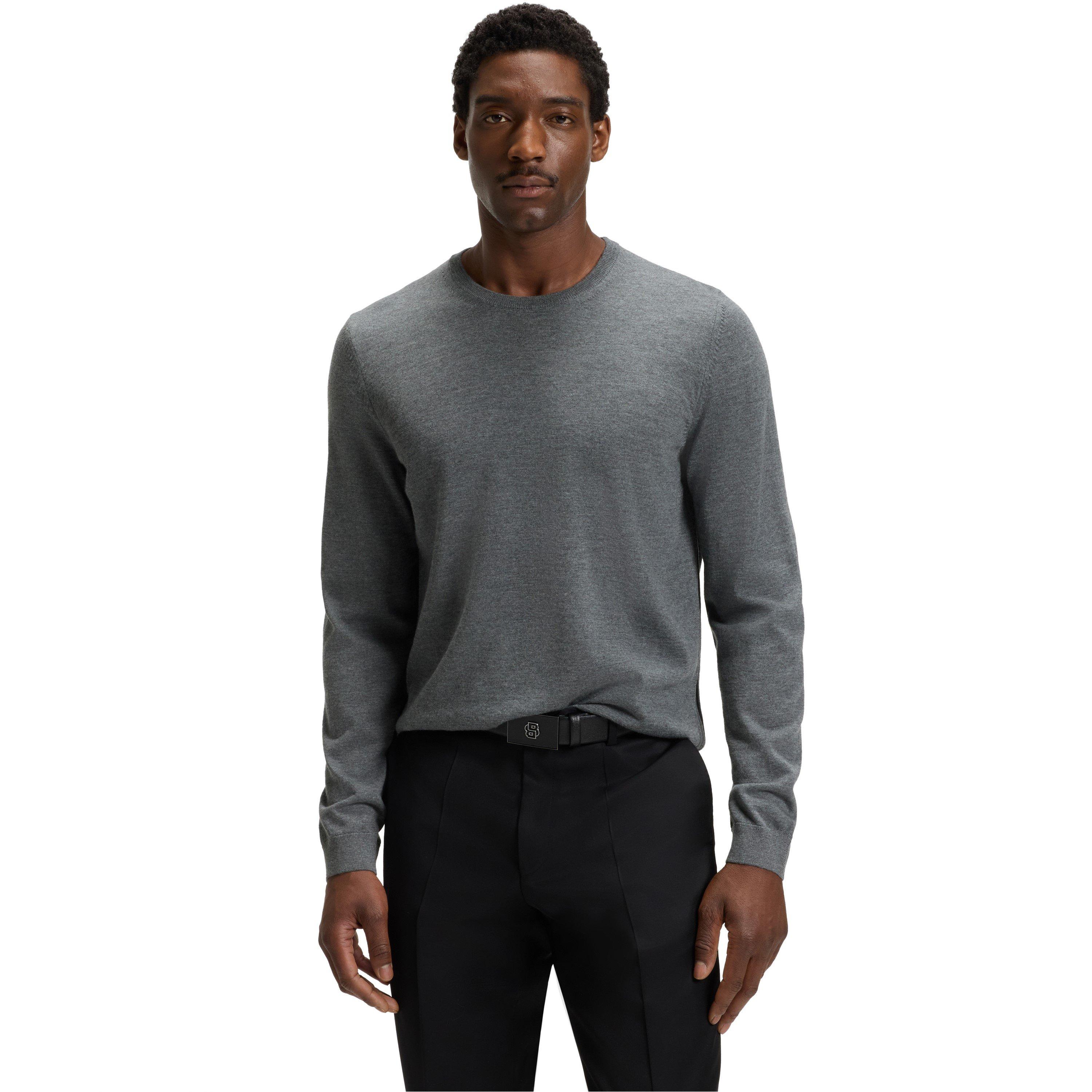 Medium Grey - Boss - Men's Leno Knit Jumper, Soft Virgin Wool - 2