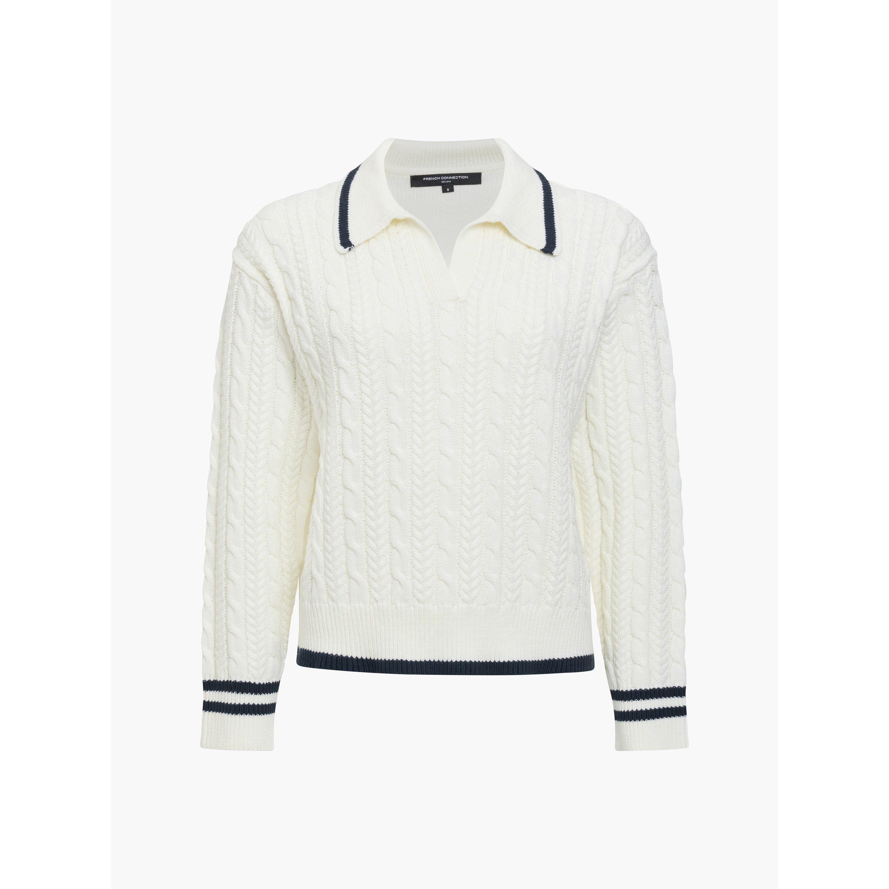 115-WNT WHT/NVY - French Connection - Women's Klara Cable Knit V-Neck Long-Sleeve Jumper - 1