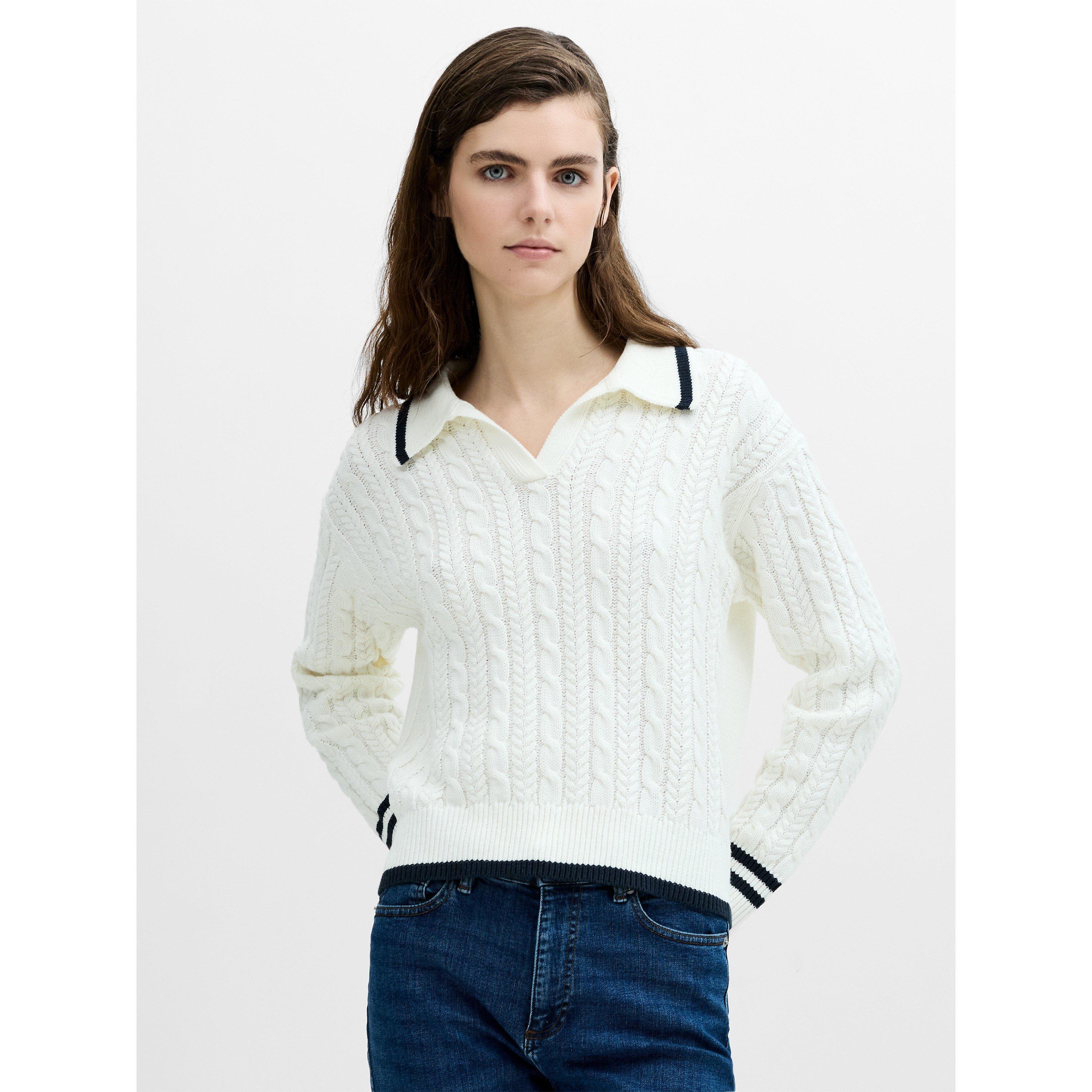 115-WNT WHT/NVY - French Connection - Women's Klara Cable Knit V-Neck Long-Sleeve Jumper - 2