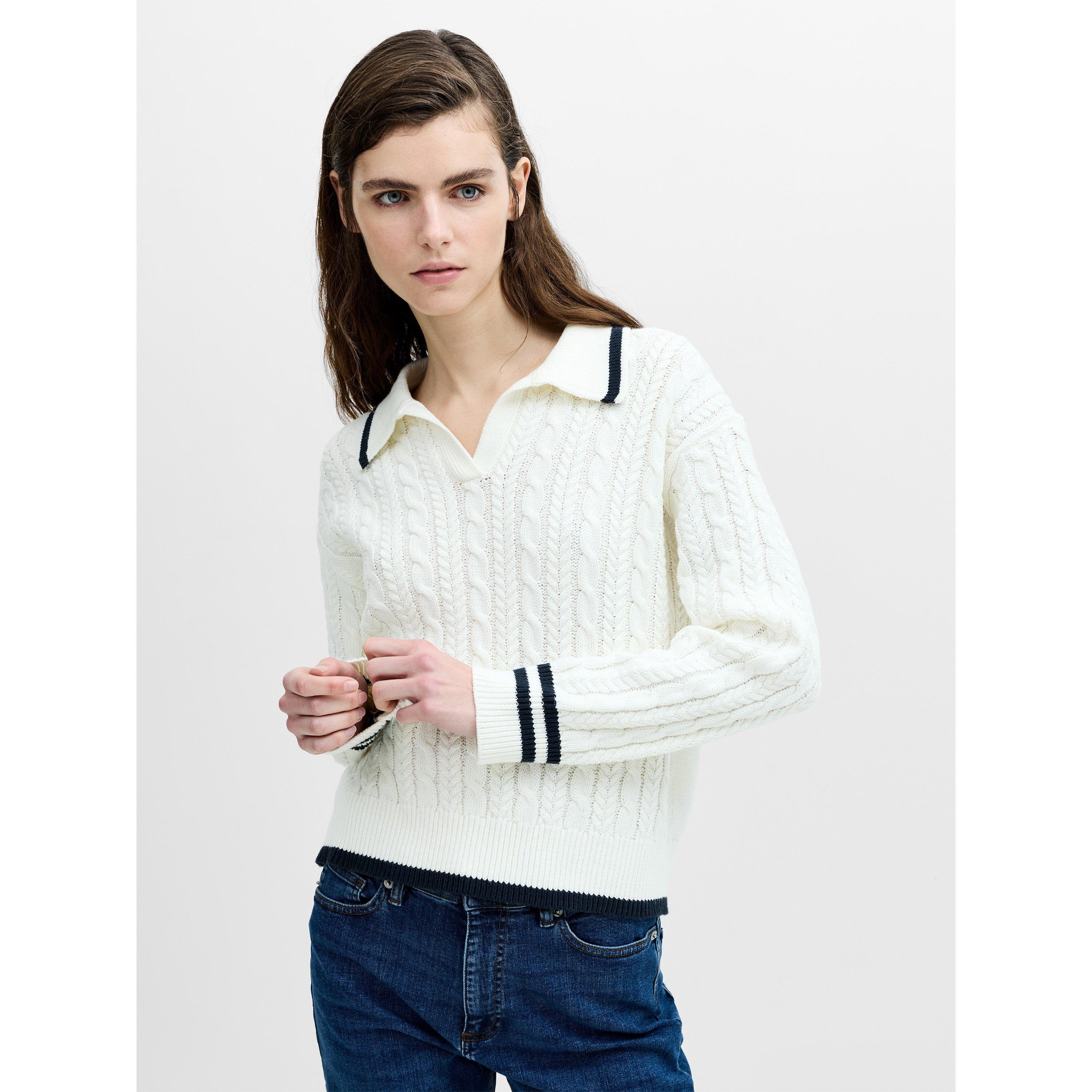 115-WNT WHT/NVY - French Connection - Women's Klara Cable Knit V-Neck Long-Sleeve Jumper - 3