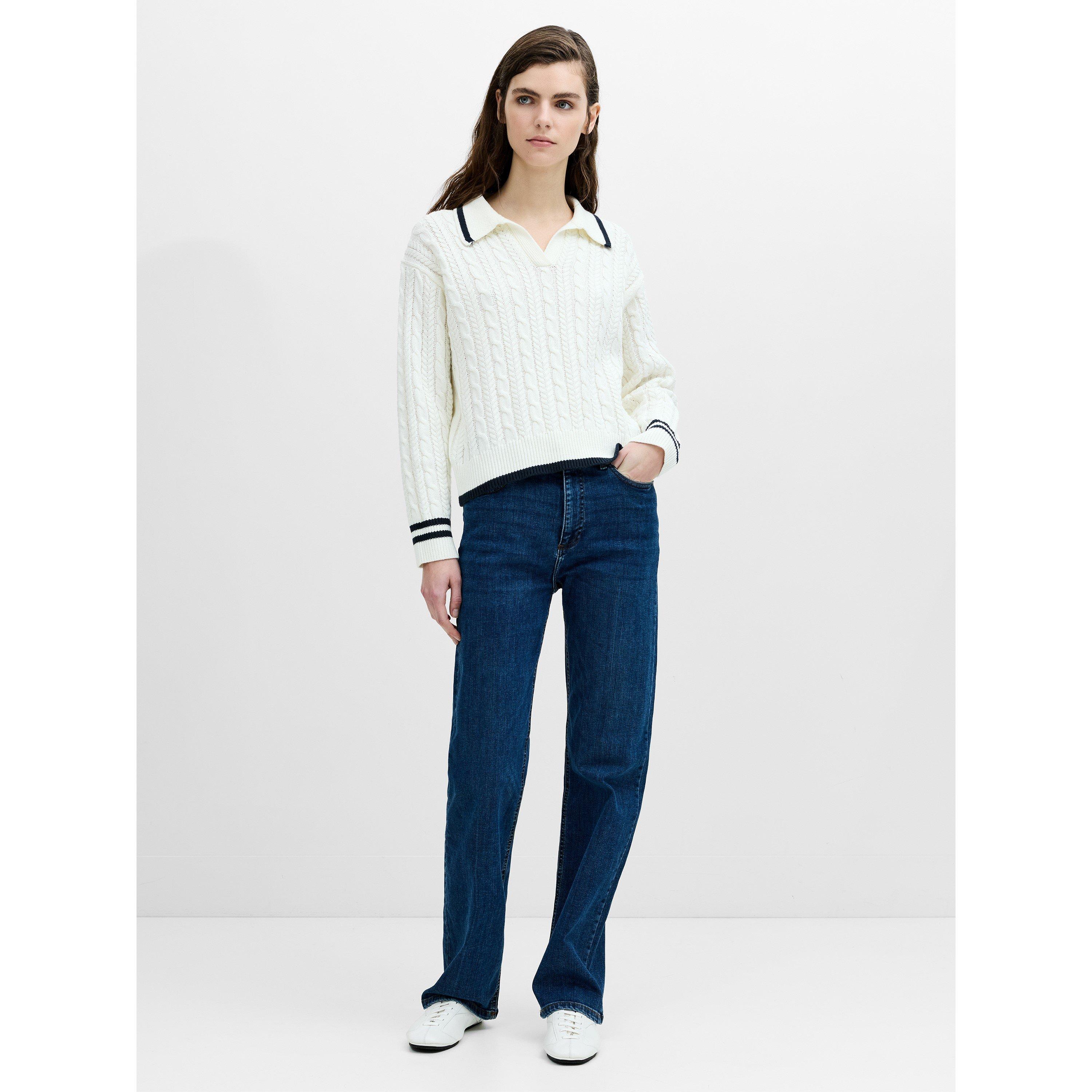 115-WNT WHT/NVY - French Connection - Women's Klara Cable Knit V-Neck Long-Sleeve Jumper - 5