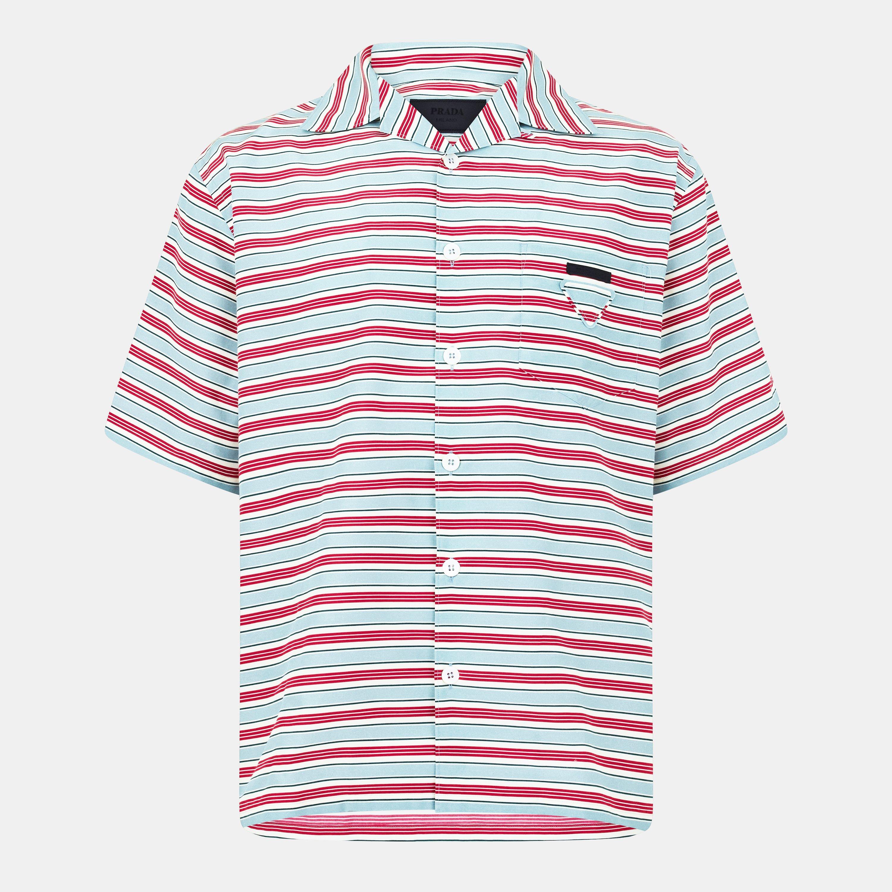 Prada Men's Short Sleeve Relaxed Fit Bowling Shirt - Blue - XL