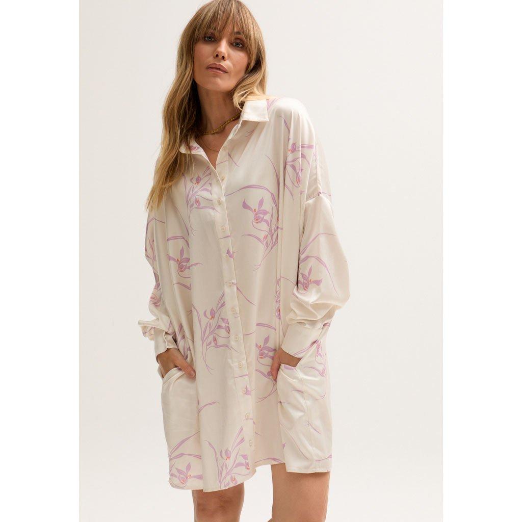 White - Lily and Lionel - Kristy Button Down Large Floral Shirtdress In Cream - 2