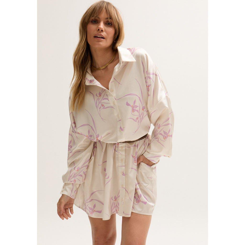 White - Lily and Lionel - Kristy Button Down Large Floral Shirtdress In Cream - 5