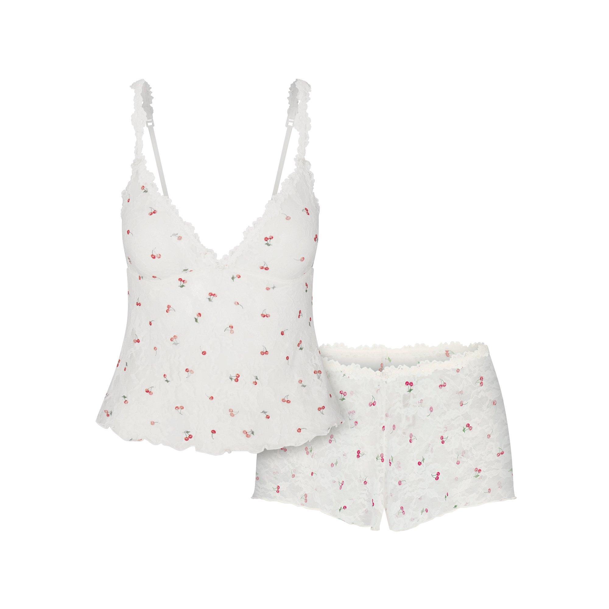 SKIMS Womens Stretch Lace Triangle Cami and Short Set - IVORY CHERRY - Size 14 (L)