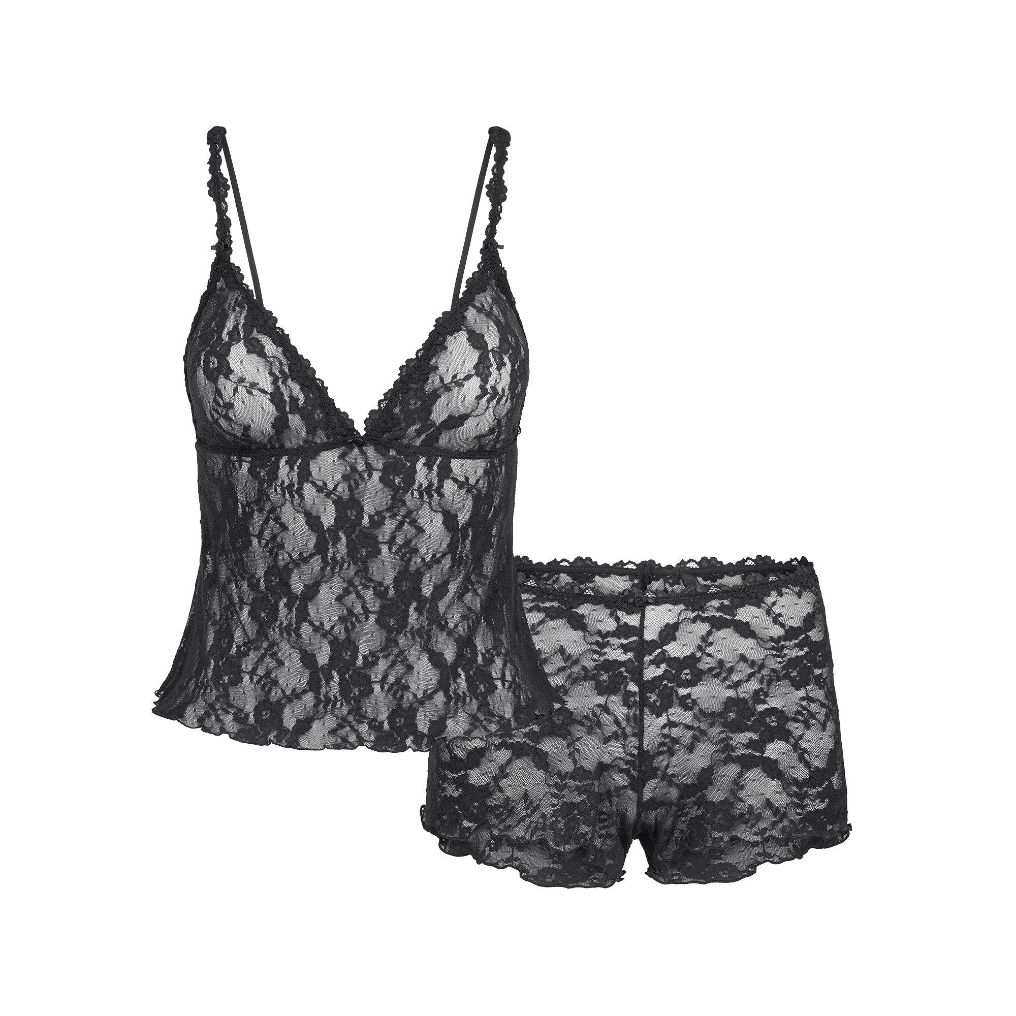 SKIMS Womens Stretch Lace Triangle Cami and Short Set - Soot - Size 18 (2XL)