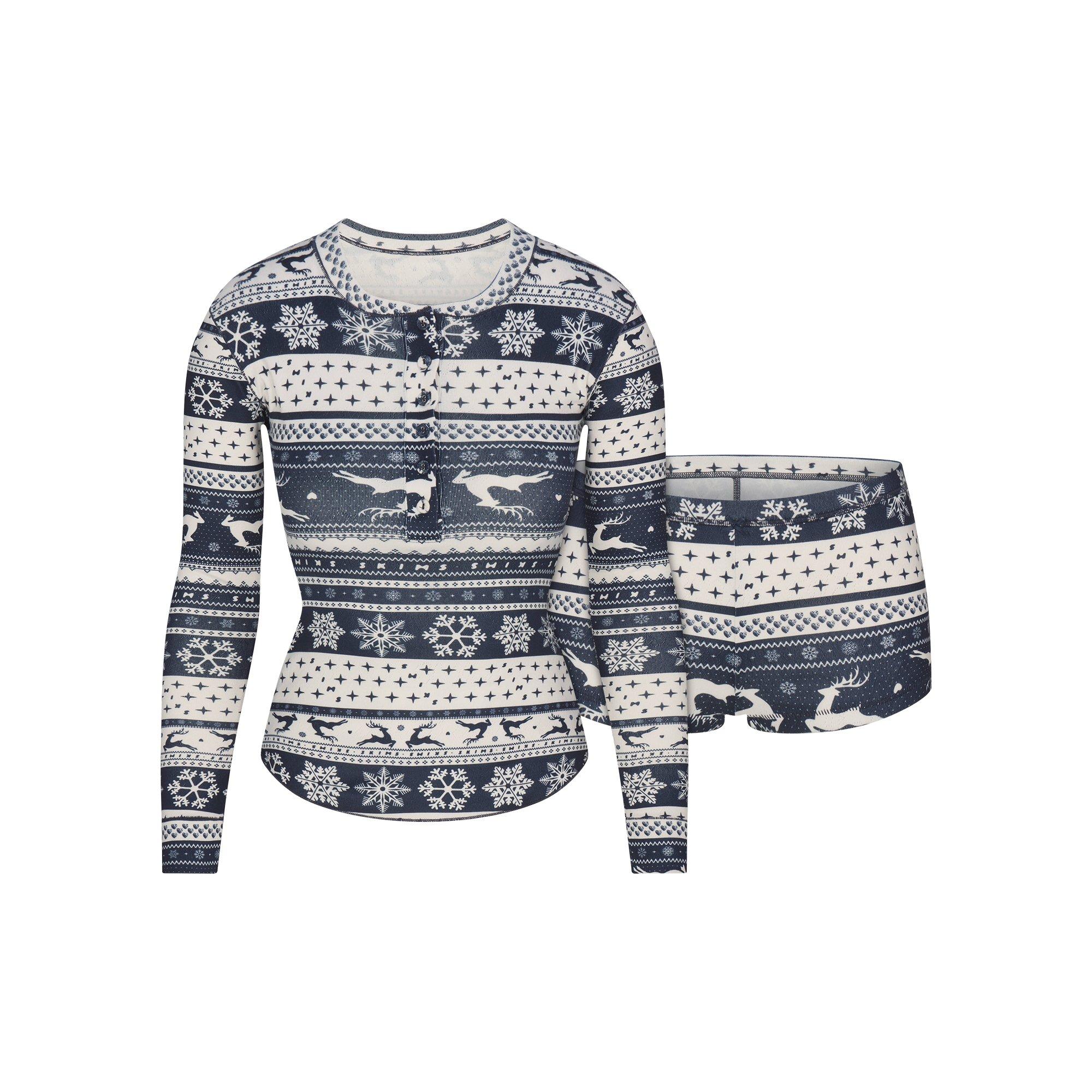 Navy Deer Print - SKIMS - Womens Logo Plush Pointelle Short Set with Henley - 1
