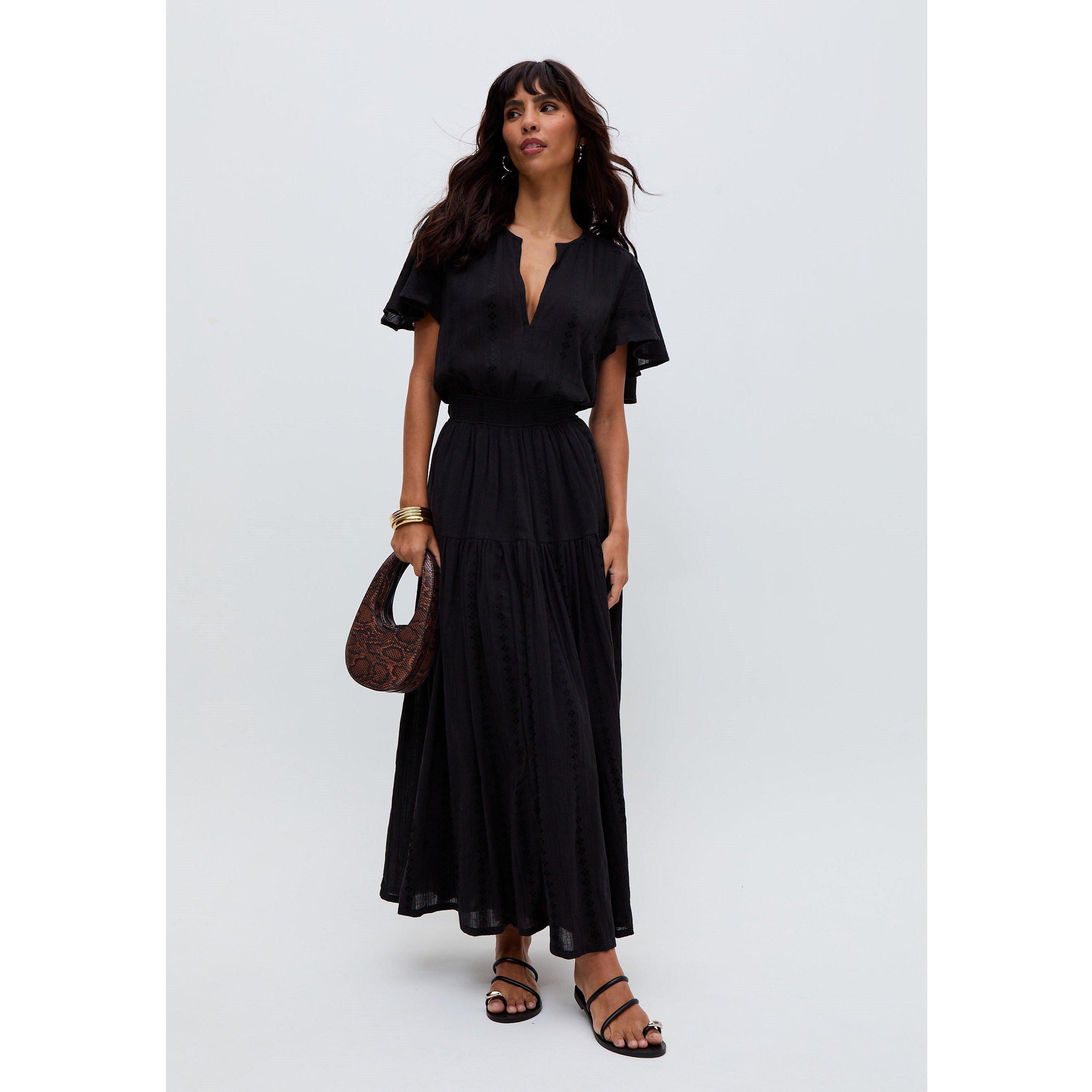 Raffya Candice Flutter Sleeve Jacquard Maxi Dress In Black