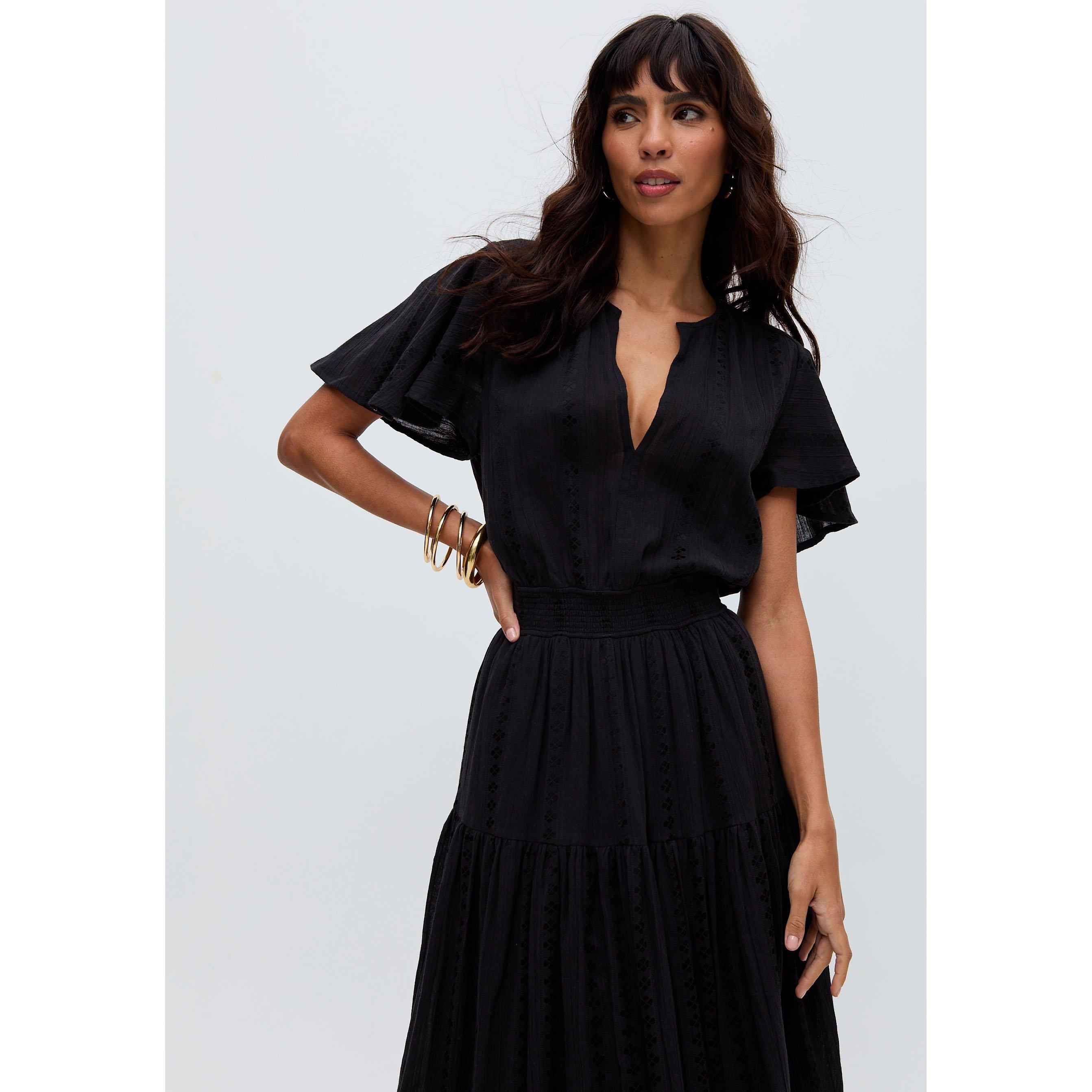 Black - Raffya - Candice Flutter Sleeve Jacquard Maxi Dress In Black - 2