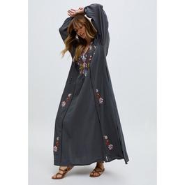 Raffya Elisa Kaftan Style Embroidered Maxi Dress In Grey