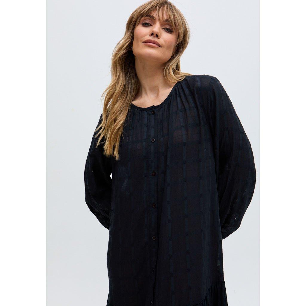 Black - Raffya - Olivia Button Down Embroidered Midi Dress In Black - 1