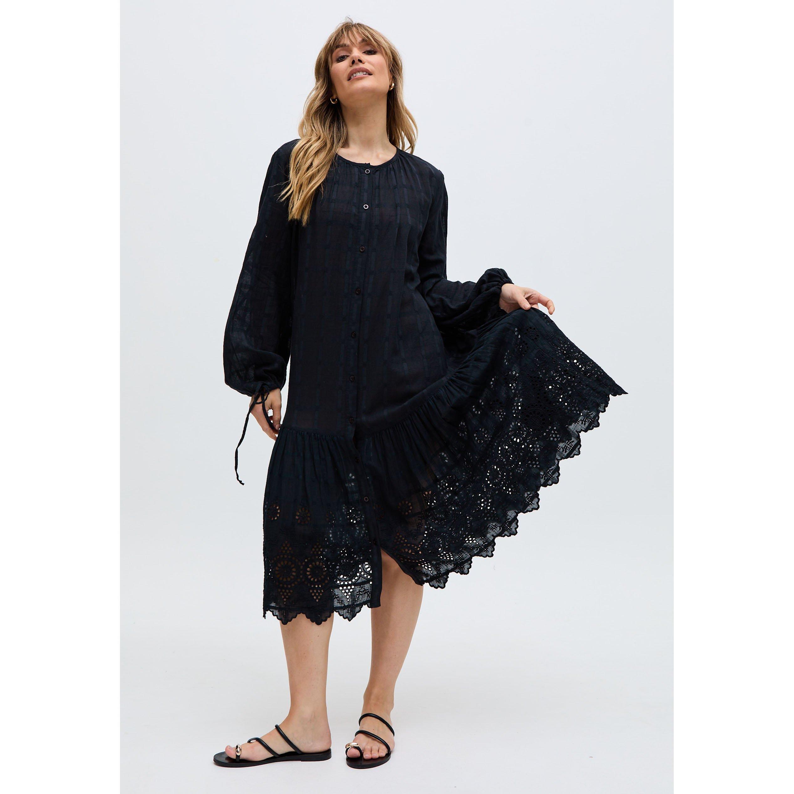 Black - Raffya - Olivia Button Down Embroidered Midi Dress In Black - 2