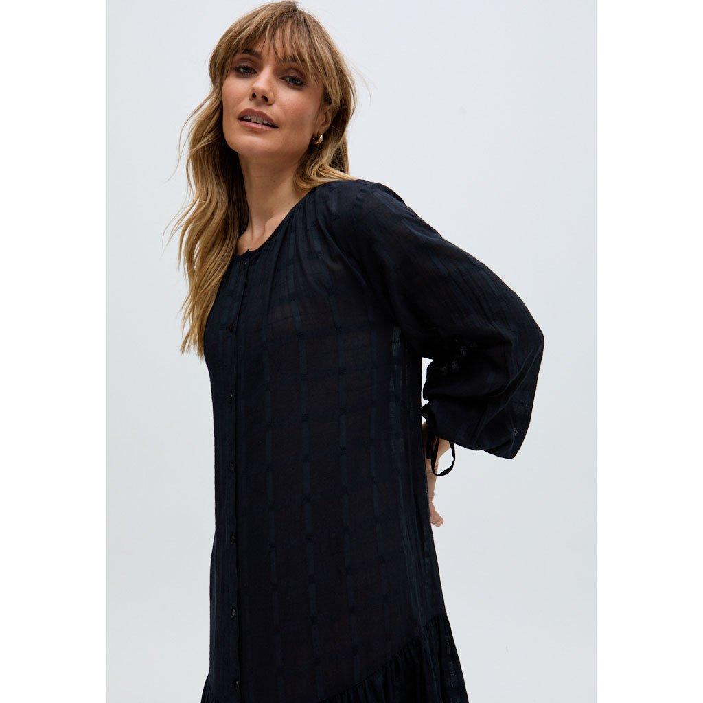 Black - Raffya - Olivia Button Down Embroidered Midi Dress In Black - 3