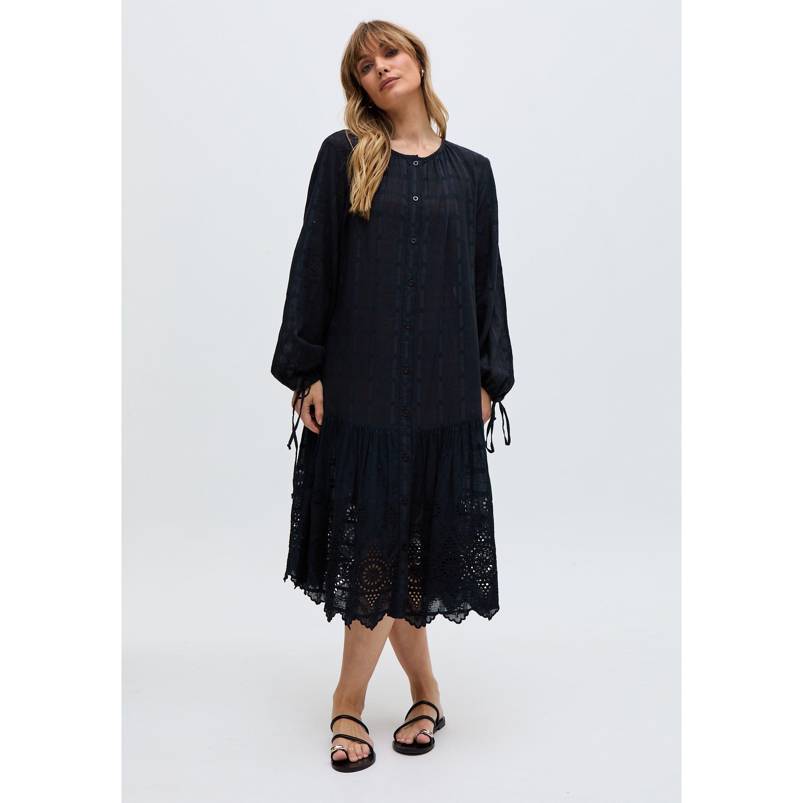 Black - Raffya - Olivia Button Down Embroidered Midi Dress In Black - 4