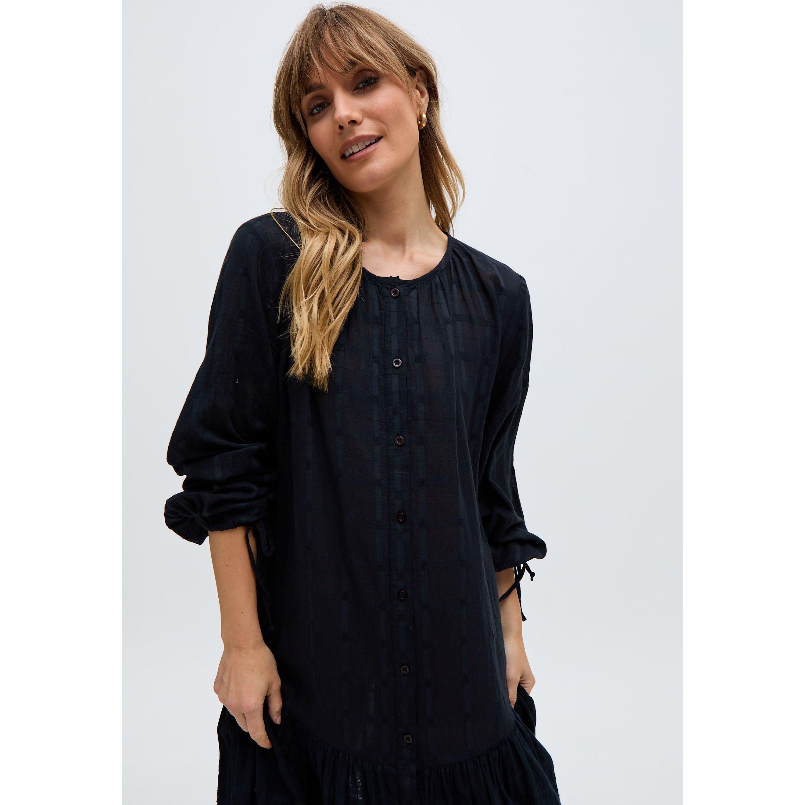 Black - Raffya - Olivia Button Down Embroidered Midi Dress In Black - 5