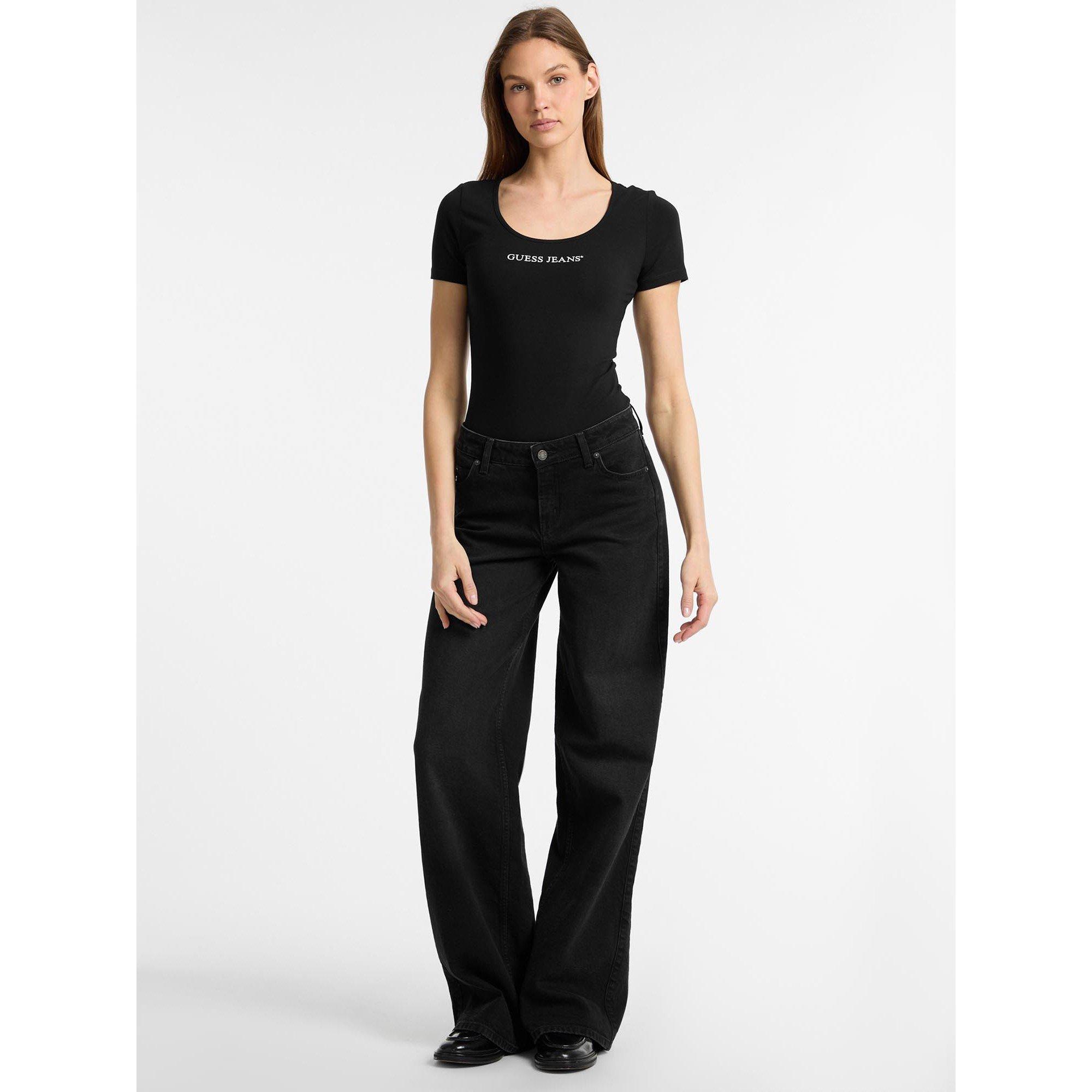 Guess Women's Designer Form-Fitting Snap Closure Bodysuit - Jet Black - 12 (M)