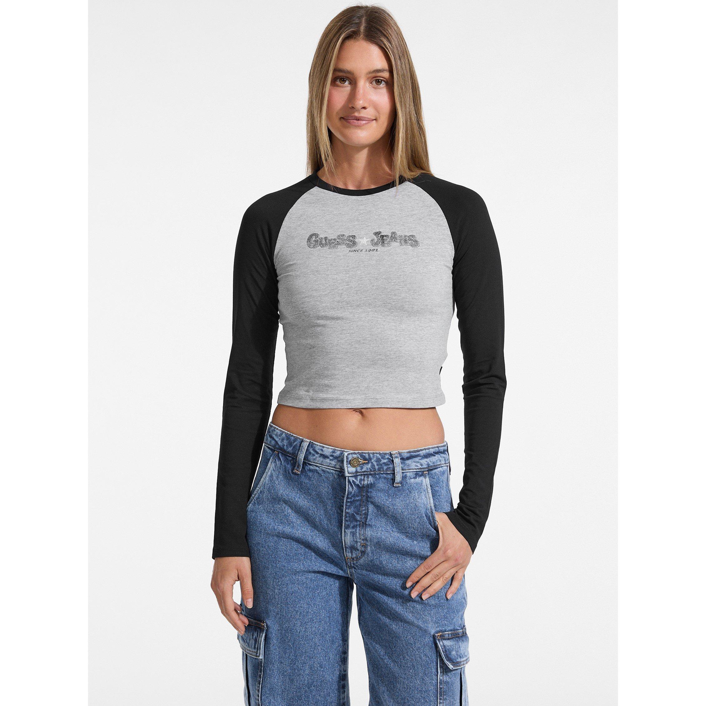 Guess Women's Raglan Cropped Baby Tee - Jet Black - 10 (S)