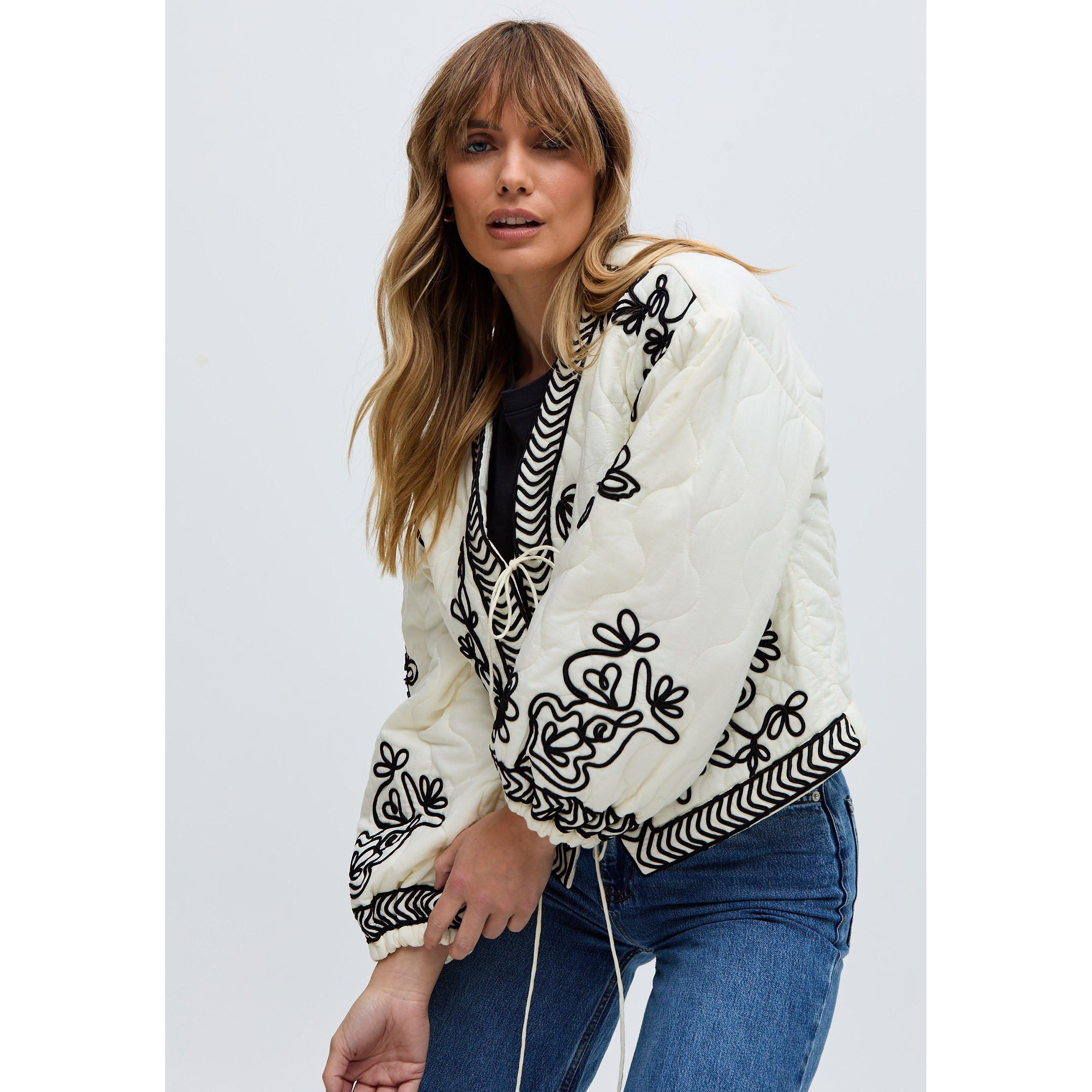 Ecru - Raffya - Women's Fran All Over Embroidered White Cotton Long Sleeve Cropped Quilted Jacket - 2