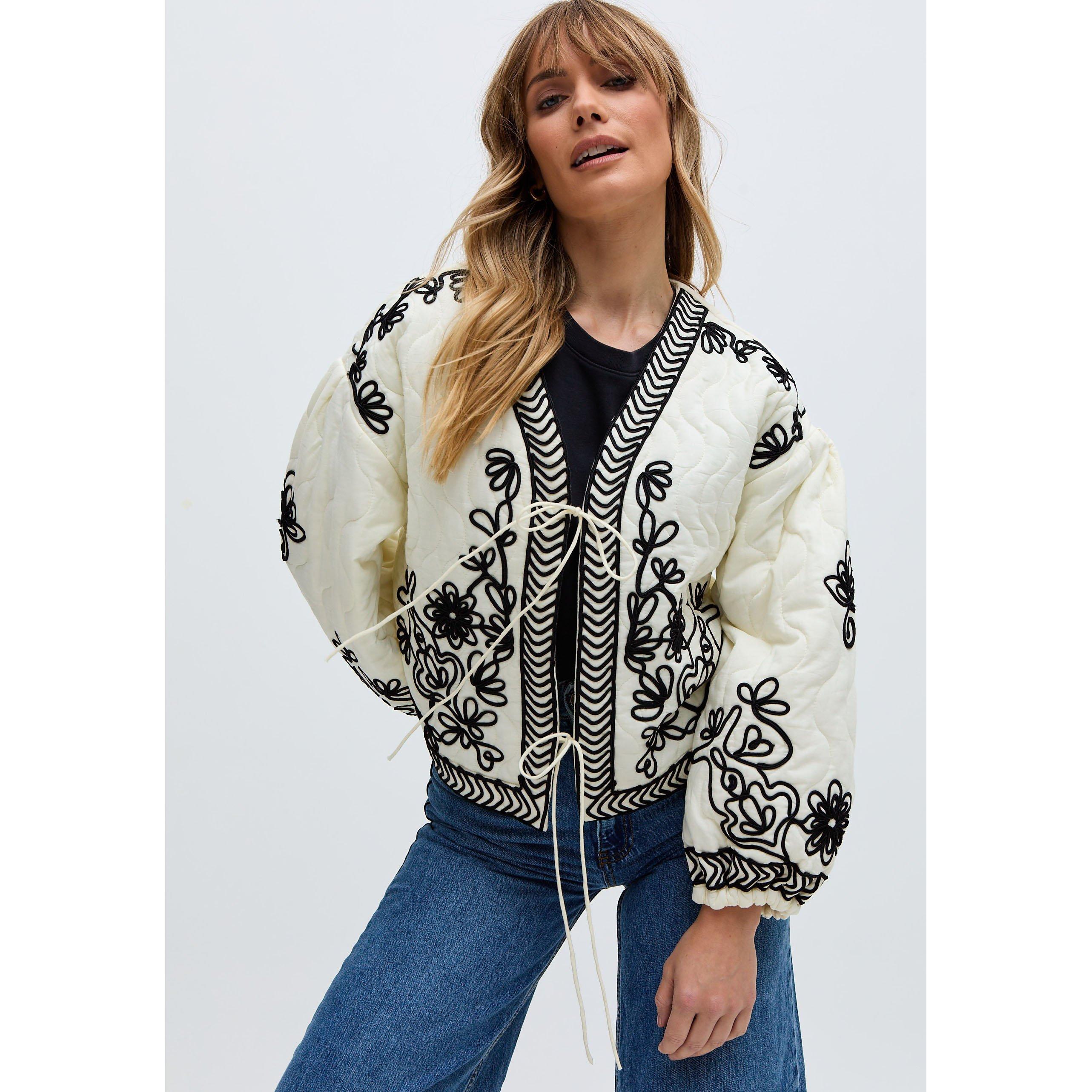 Ecru - Raffya - Women's Fran All Over Embroidered White Cotton Long Sleeve Cropped Quilted Jacket - 3