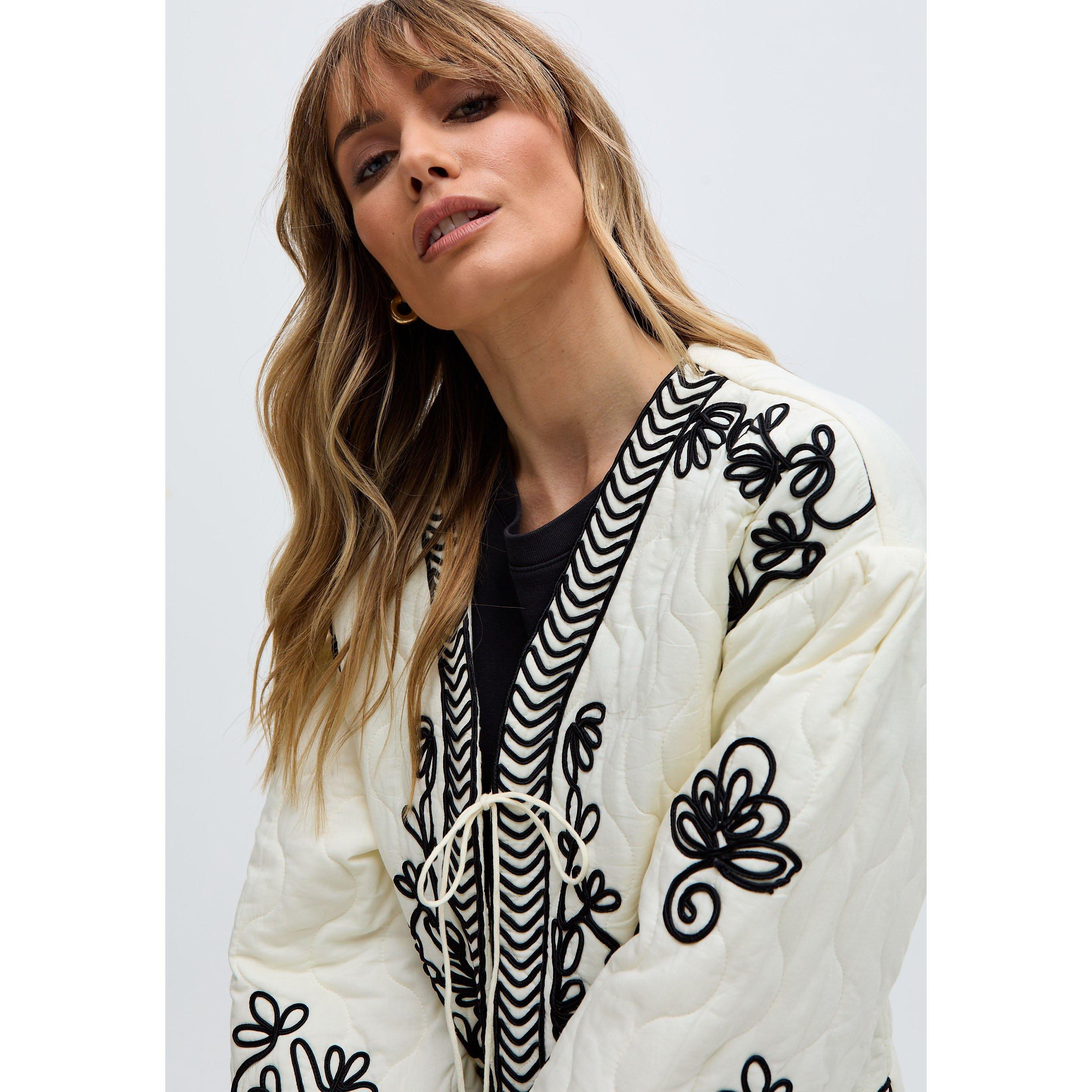 Ecru - Raffya - Women's Fran All Over Embroidered White Cotton Long Sleeve Cropped Quilted Jacket - 4