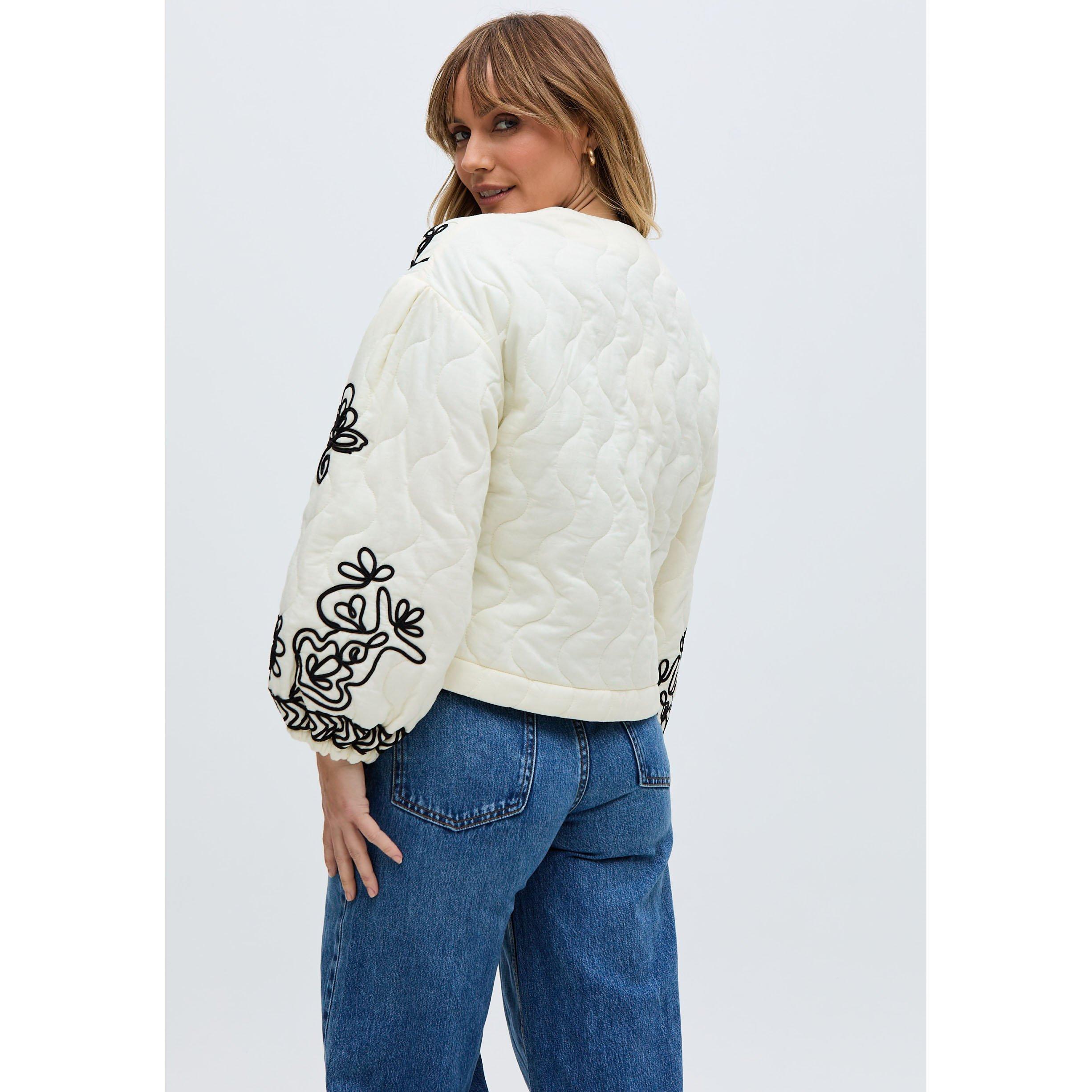 Ecru - Raffya - Women's Fran All Over Embroidered White Cotton Long Sleeve Cropped Quilted Jacket - 5