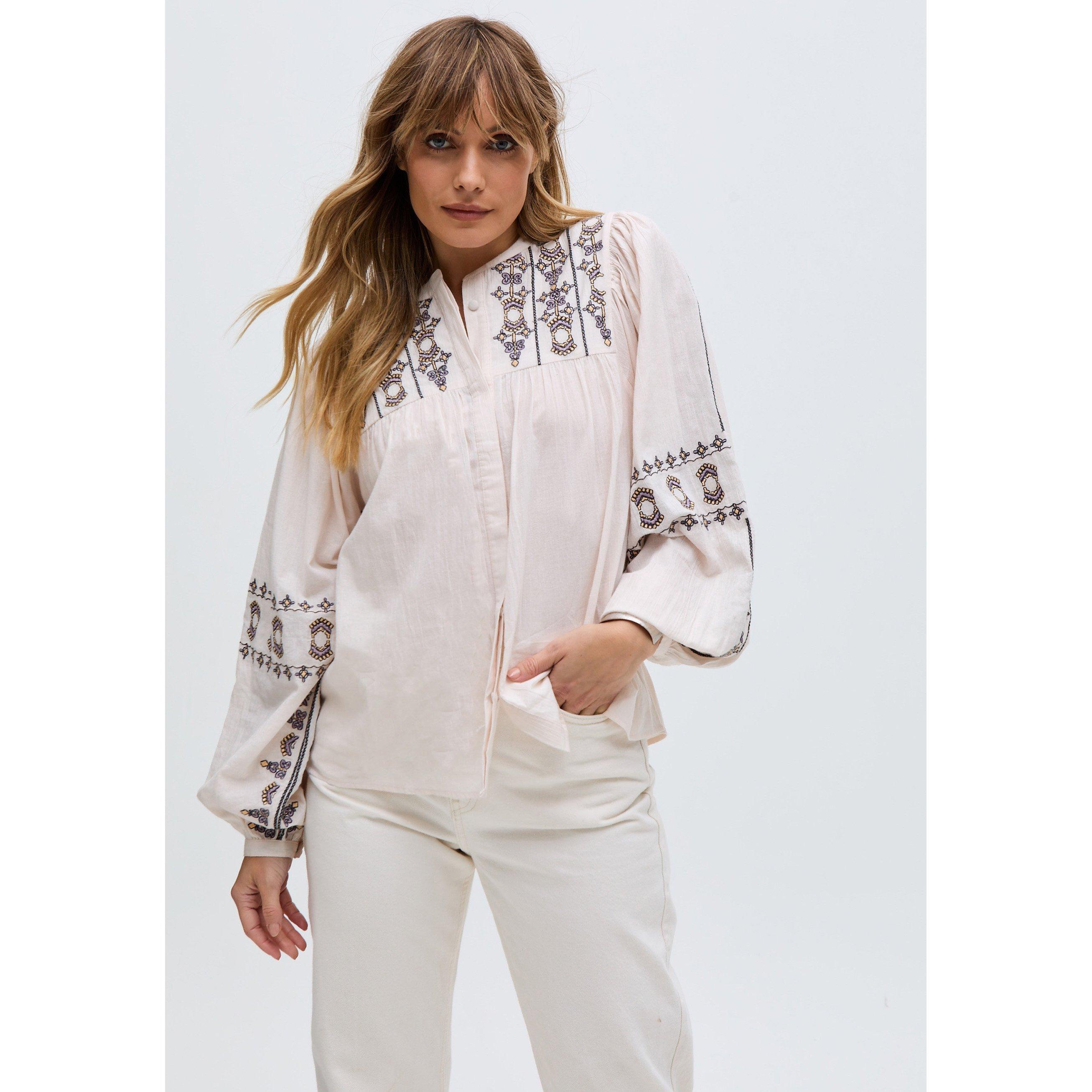 Ecru - Raffya - Demi Embroidered Ballon Sleeve Shirt In Cream - 2