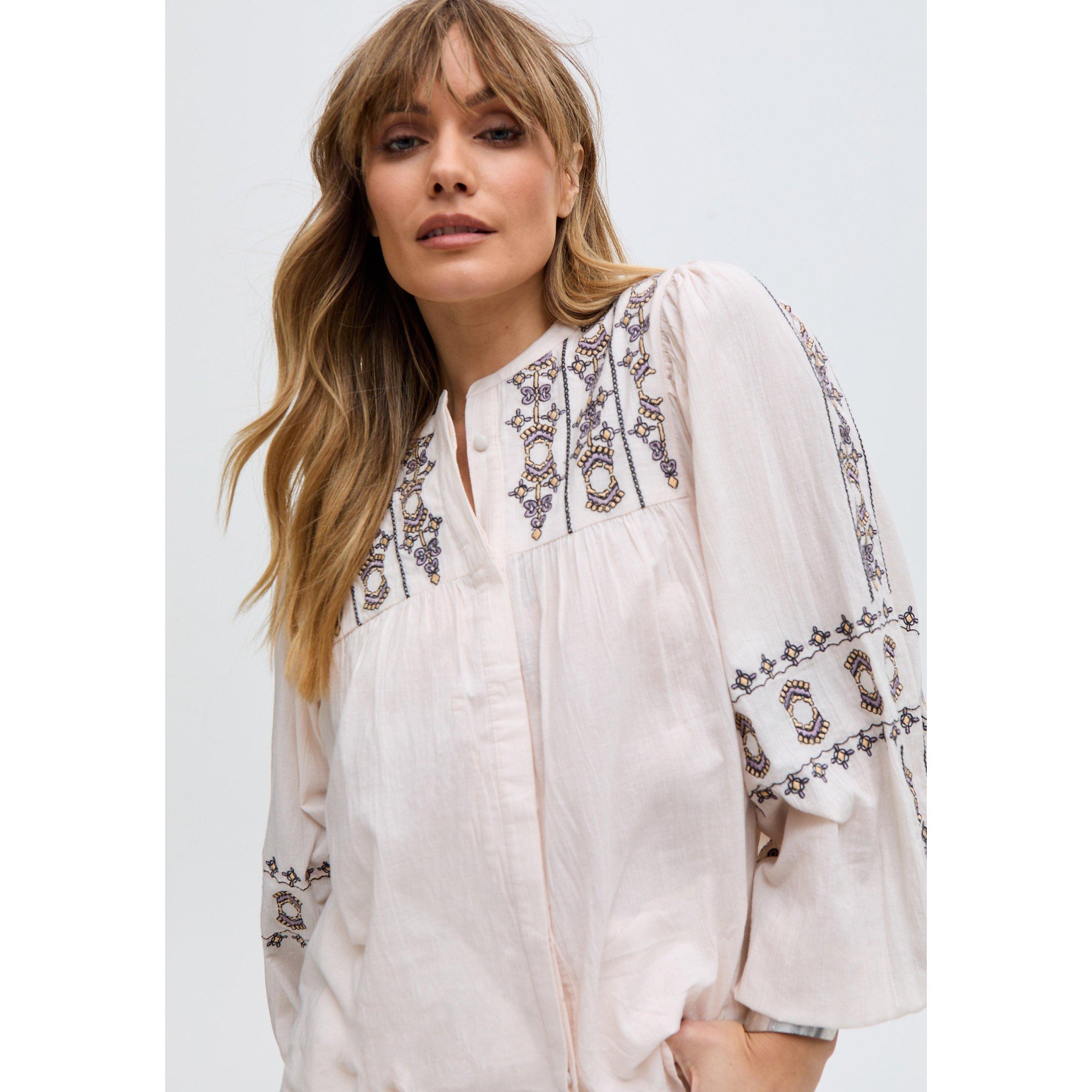 Ecru - Raffya - Demi Embroidered Ballon Sleeve Shirt In Cream - 3