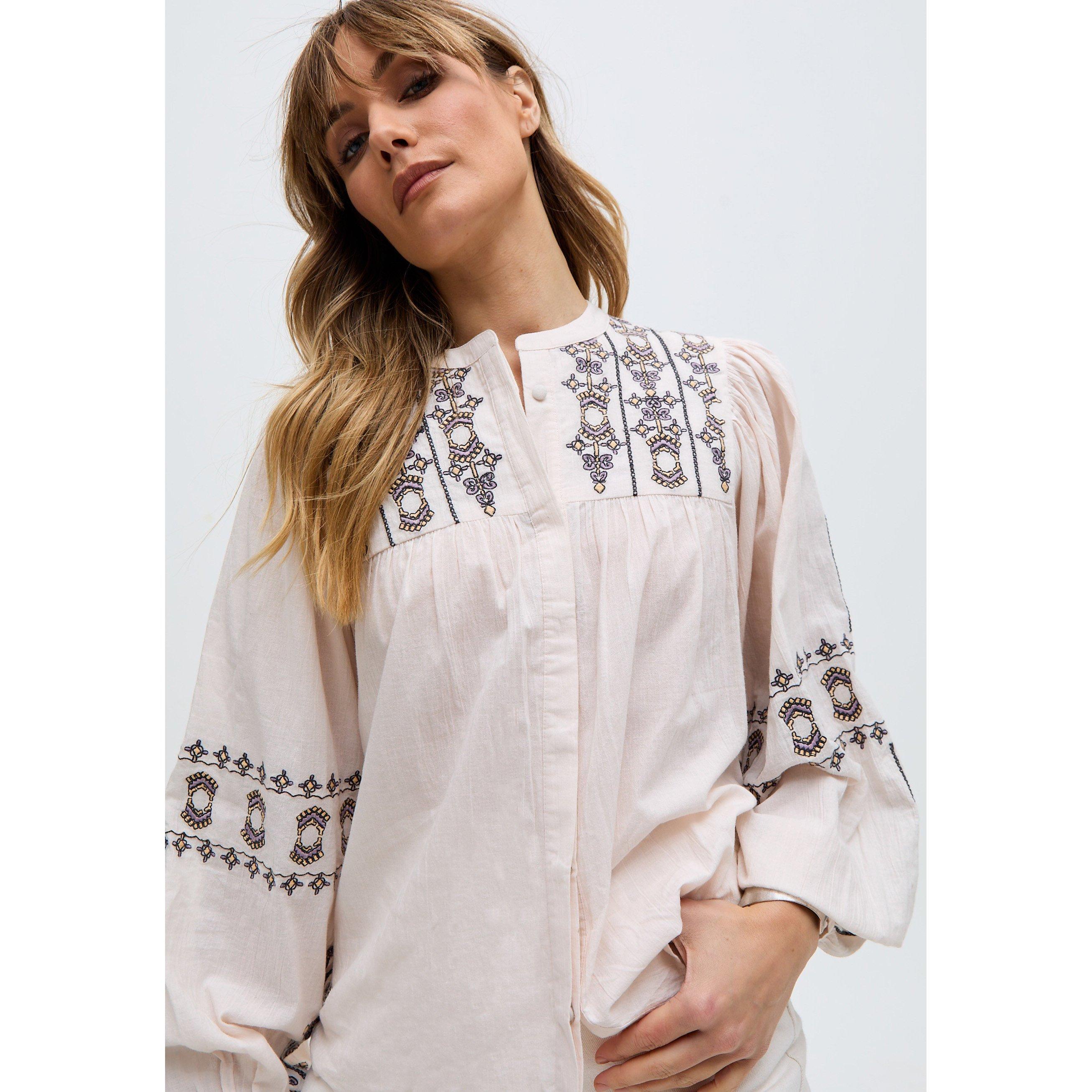 Ecru - Raffya - Demi Embroidered Ballon Sleeve Shirt In Cream - 4