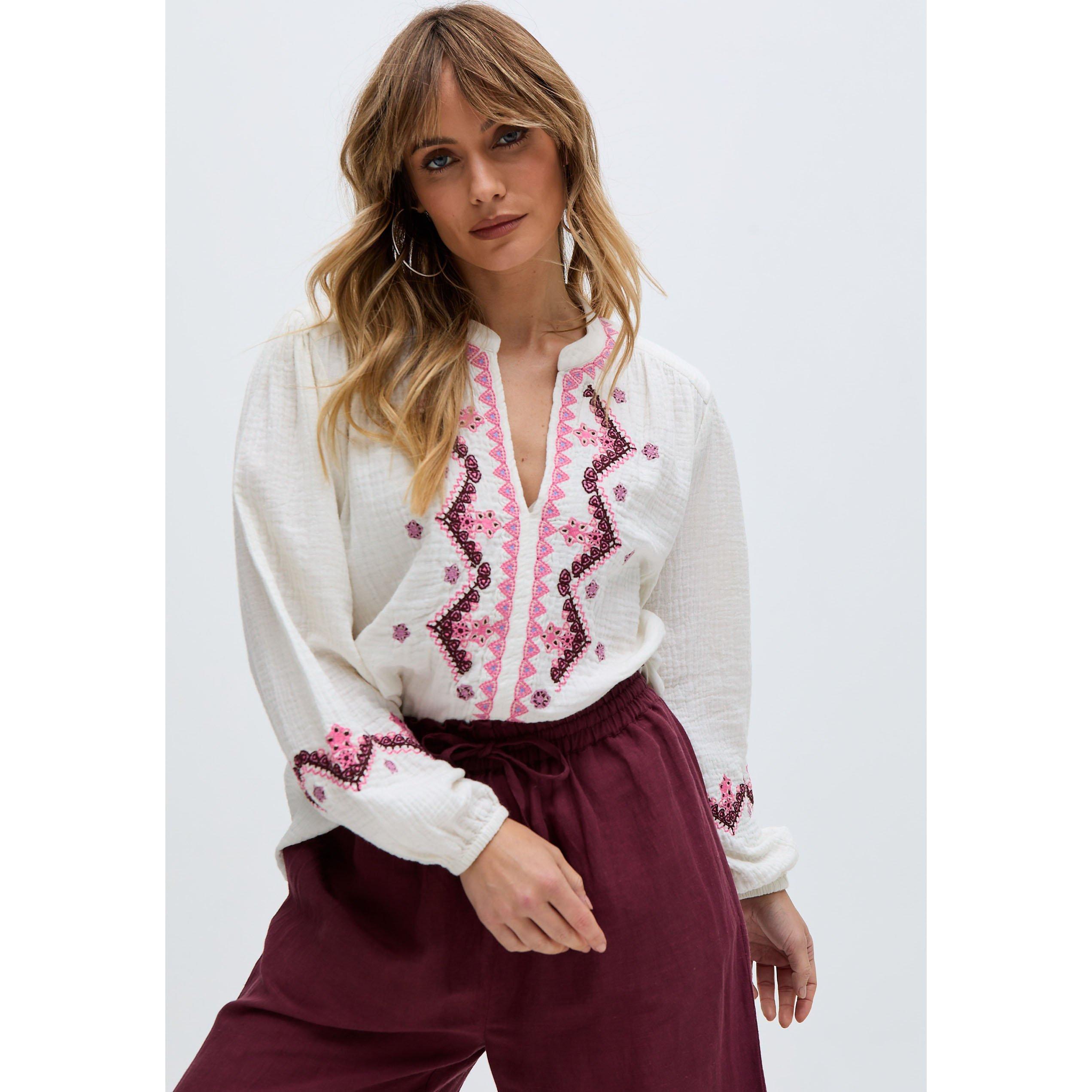 Ecru - Raffya - Dina V-Neck Embroidered Blouse In White - 2