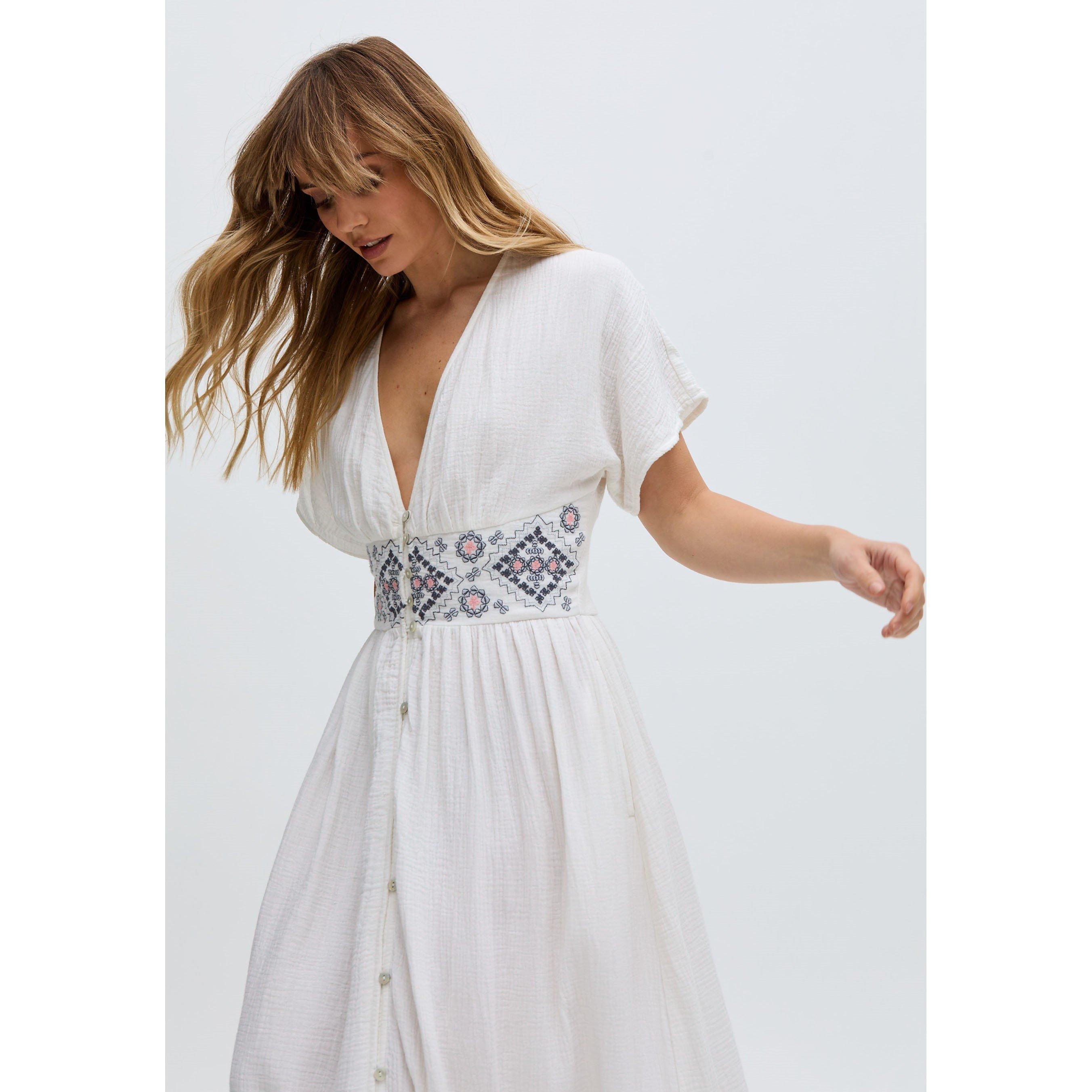 Ecru - Raffya - Sally Ann Button Down Embroidery Maxi Dress In White - 2