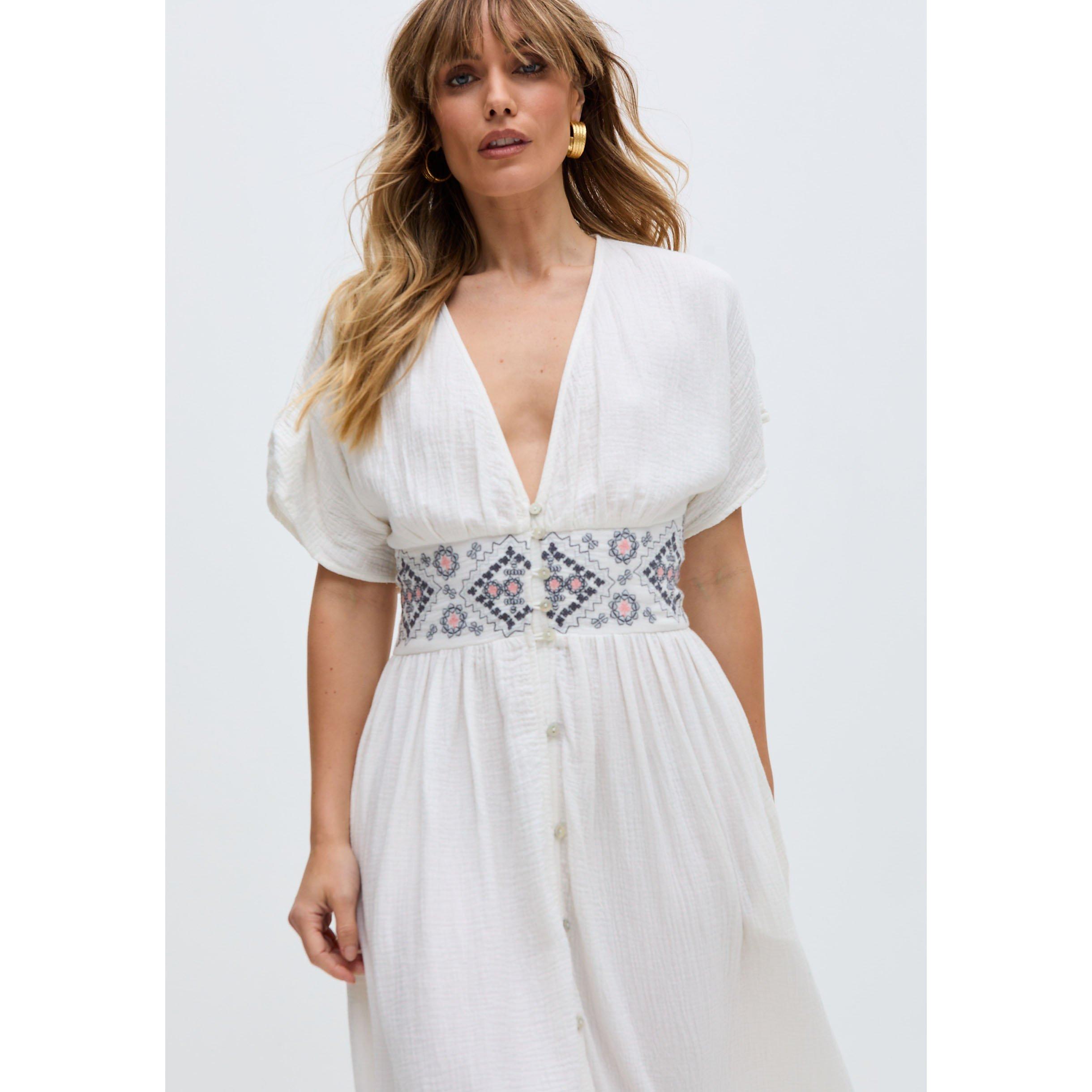 Ecru - Raffya - Sally Ann Button Down Embroidery Maxi Dress In White - 3